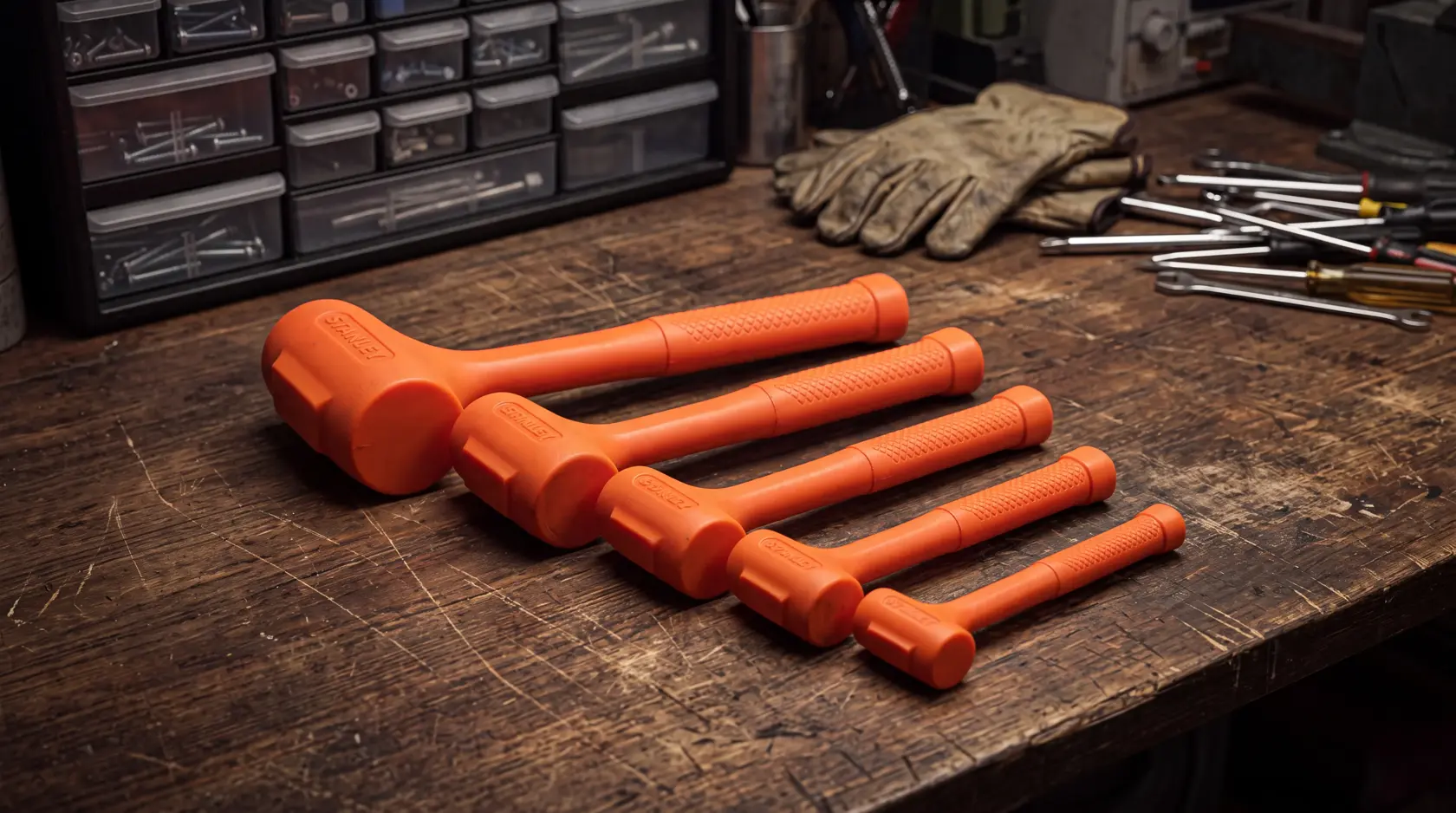 STANLEY dead blow hammers set STHT57530-0, STHT57531-0, STHT57532-0, STHT57533-0, STHT57534-0 on workbench.