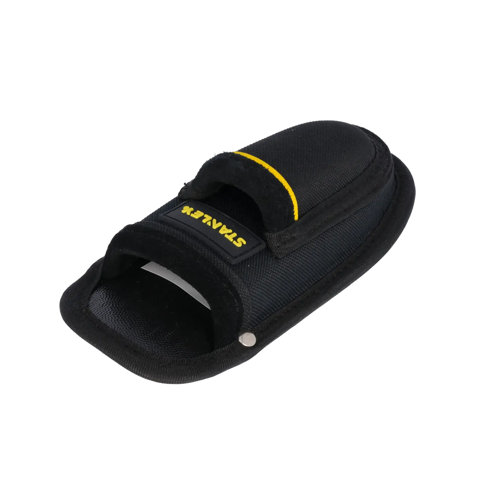 STANLEY 0-10-028 utility knife pouch with black fabric, red accent, and metal belt clip, front angle on white background.
