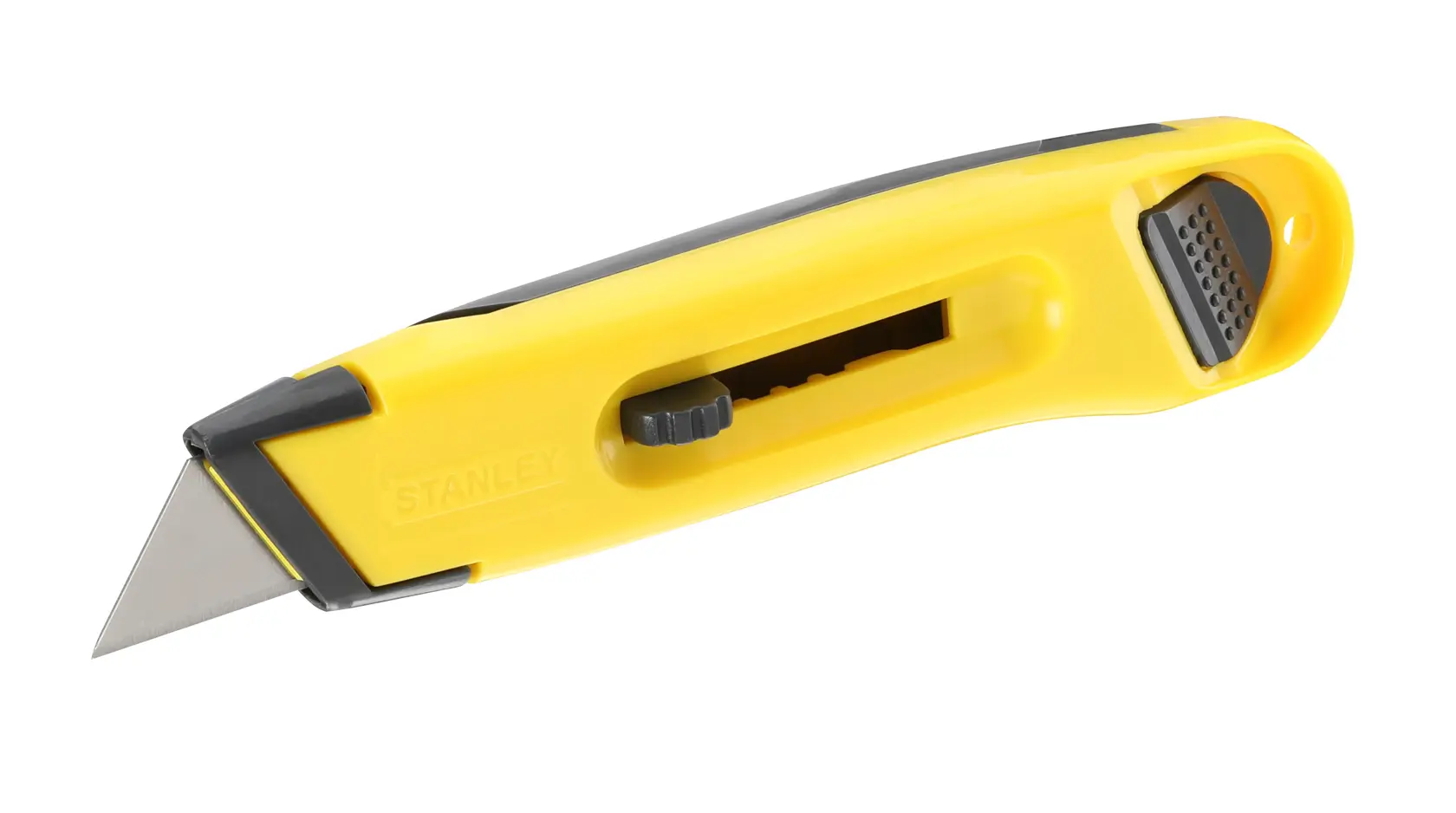 STANLEY 0-10-088 Universalmesser mit einziehbarer Klinge, gelb und schwarz, Seitenansicht auf weißem Hintergrund.