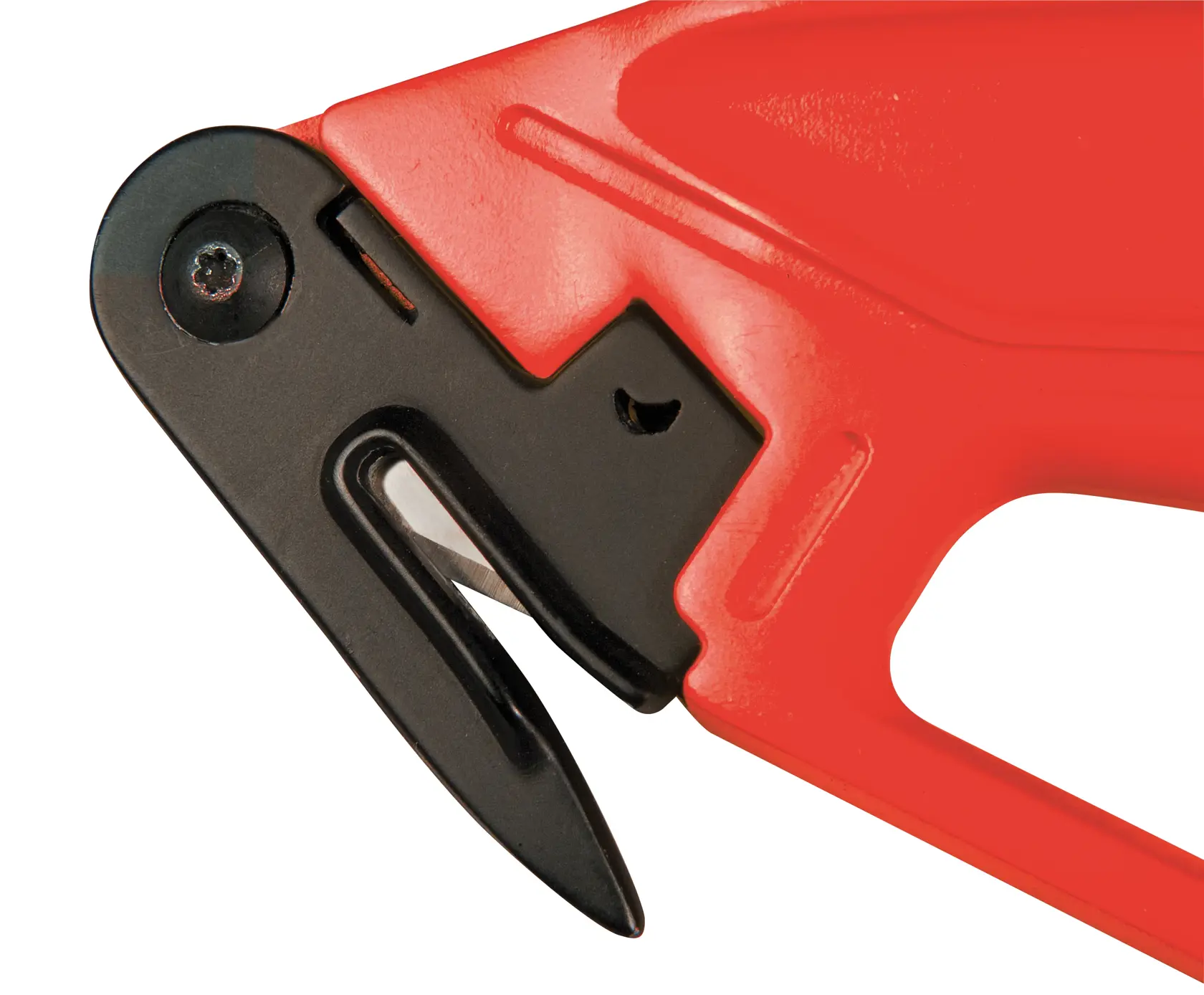 STANLEY 0-10-245 utility knife hook blade close-up, red and black handle, white background.