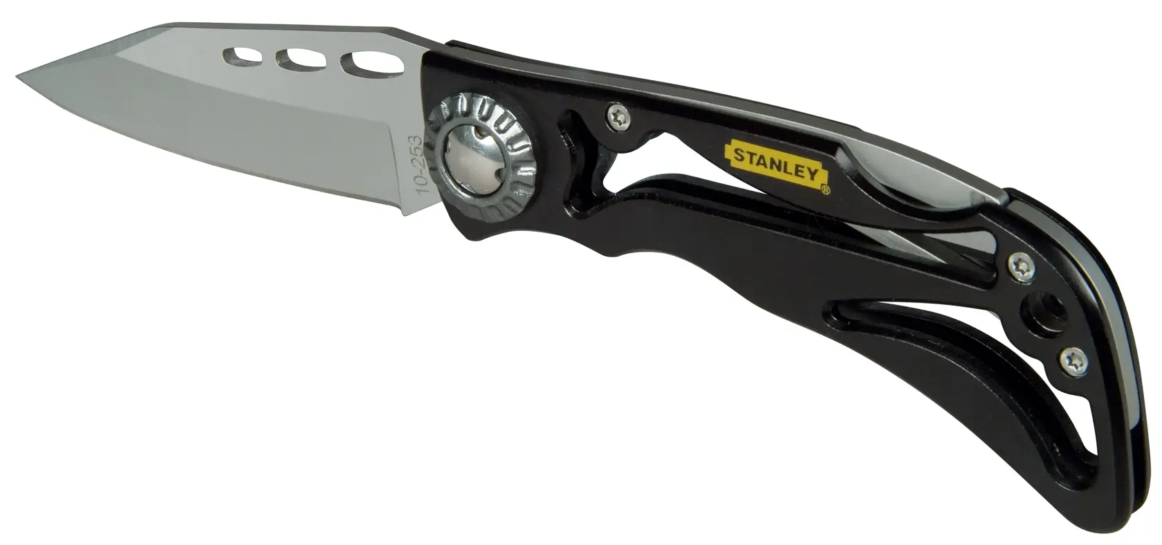 STANLEY 0-10-253 folding knife with partially open black handle and silver blade, right-side angle.