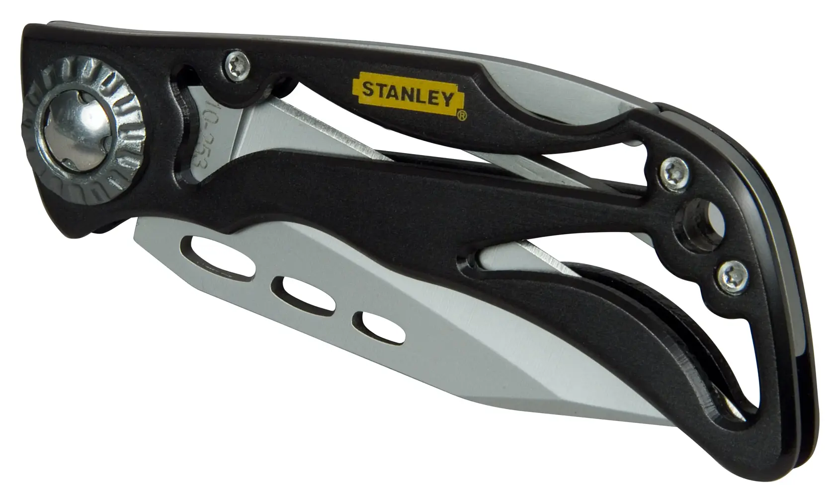 Photo of STANLEY 0-10-253 folding utility knife with black and silver handle, closed, on white background.