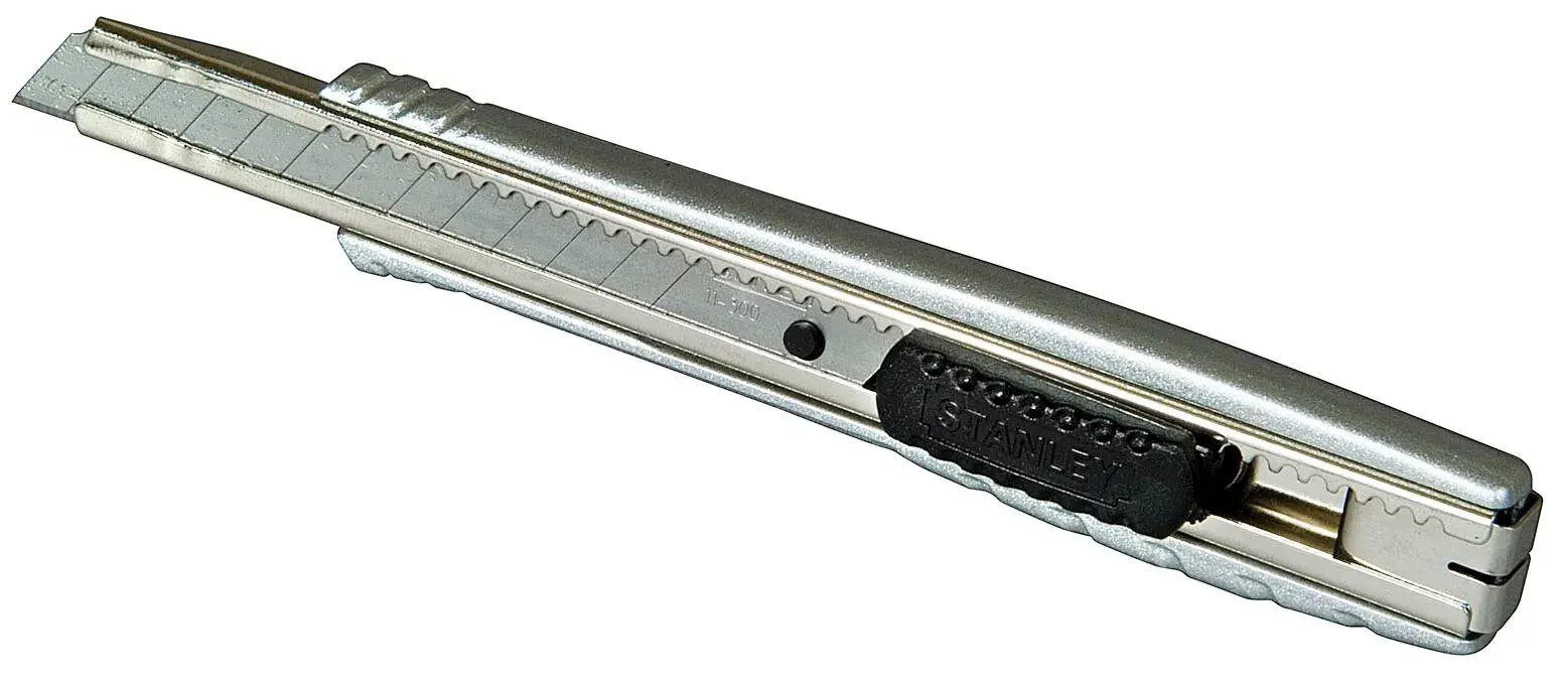 Photo of STANLEY 0-10-411 utility knife with silver body and black slider, side angle on white background.