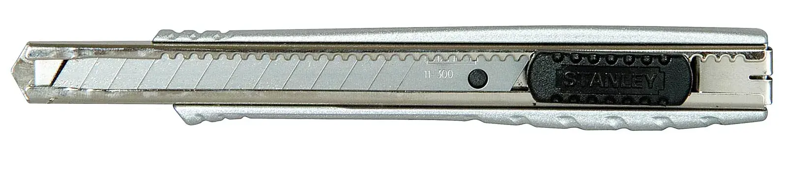 Photo of STANLEY 0-10-411 snap-off utility knife, silver with black slider, side view on white background.