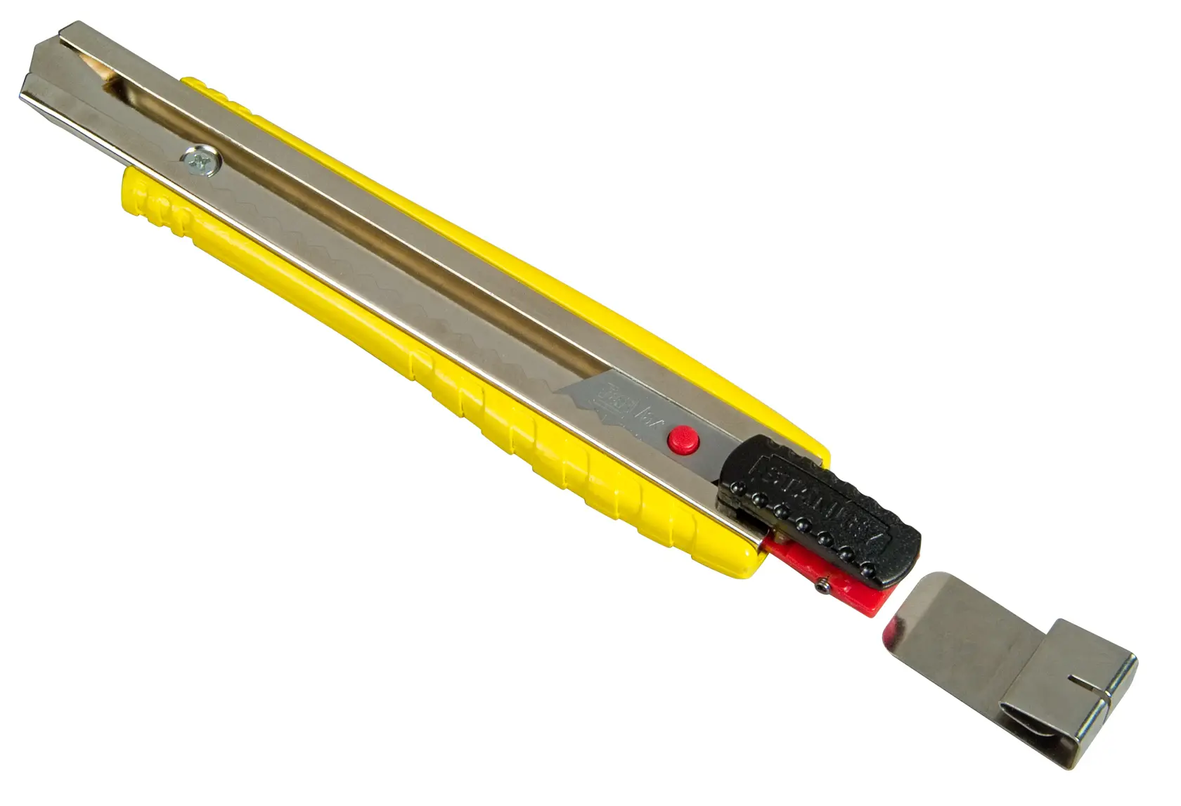 STANLEY 0-10-421 yellow utility knife with metal body, retractable blade, and side view on white background.
