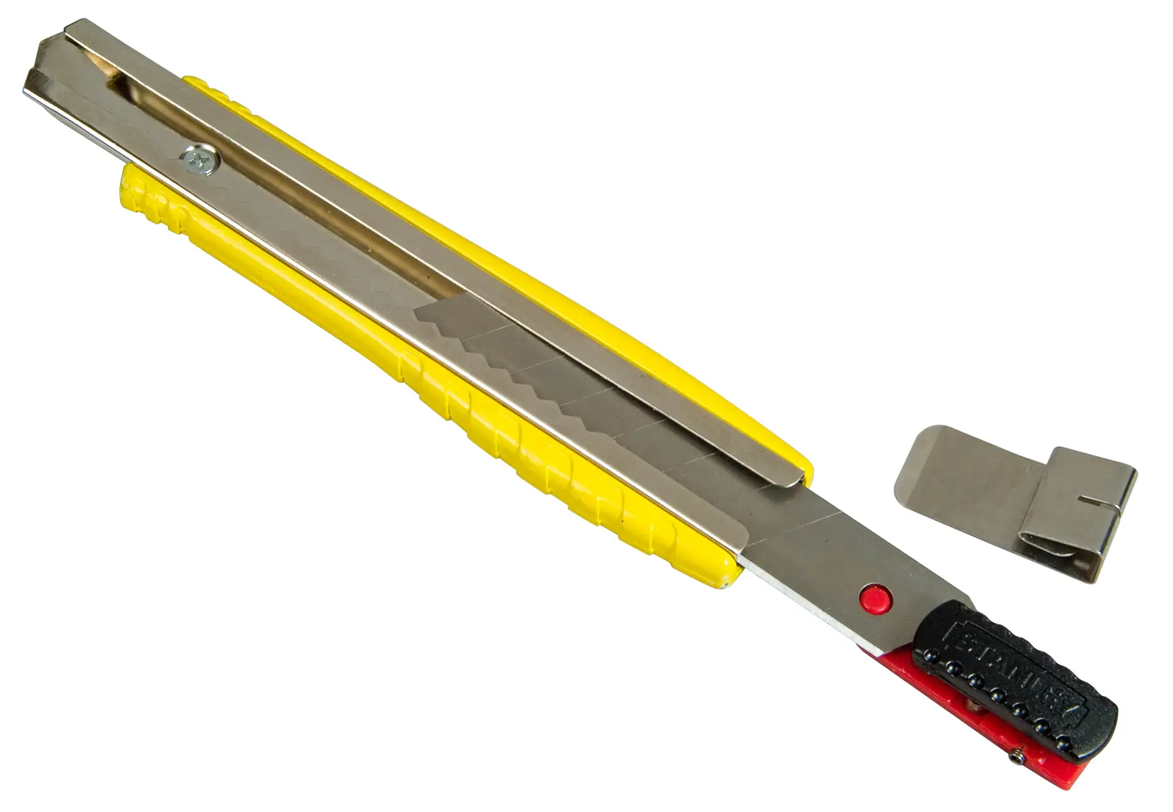 STANLEY 0-10-421 snap-off utility knife with yellow handle and removable metal clip, product side angle.