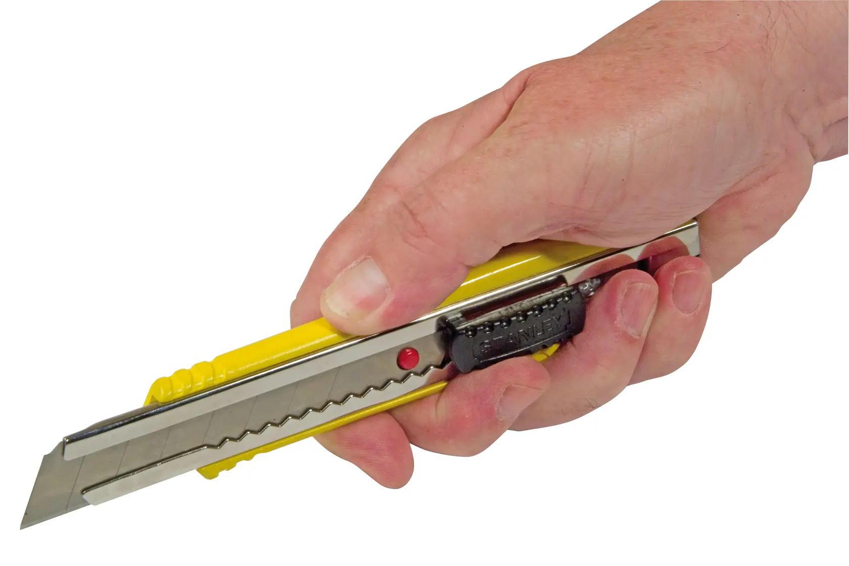 Photo of STANLEY 0-10-421 utility knife with yellow handle held in a hand, side angle.