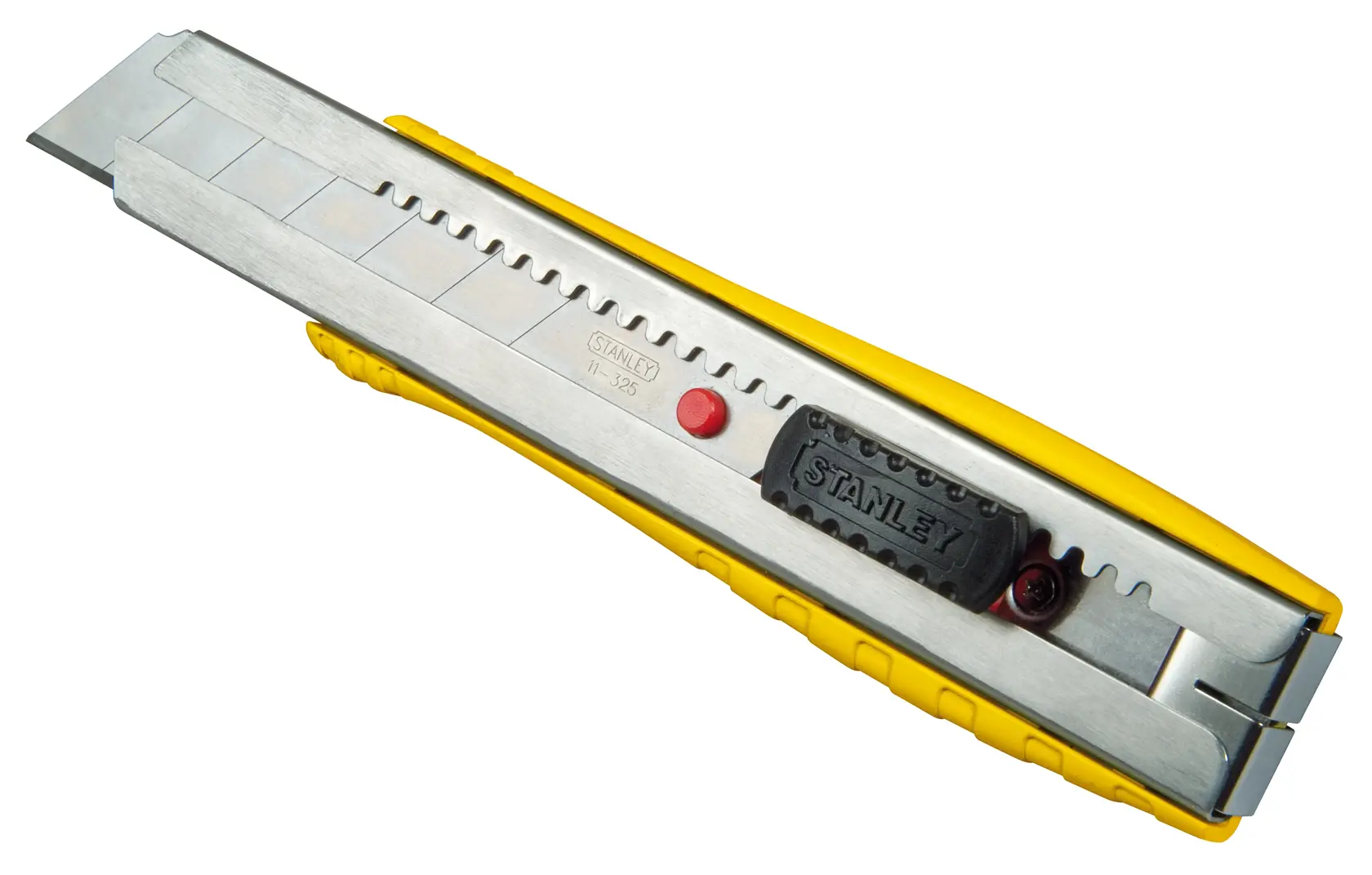 STANLEY 0-10-431 utility knife with yellow and silver body, front angle on white background.
