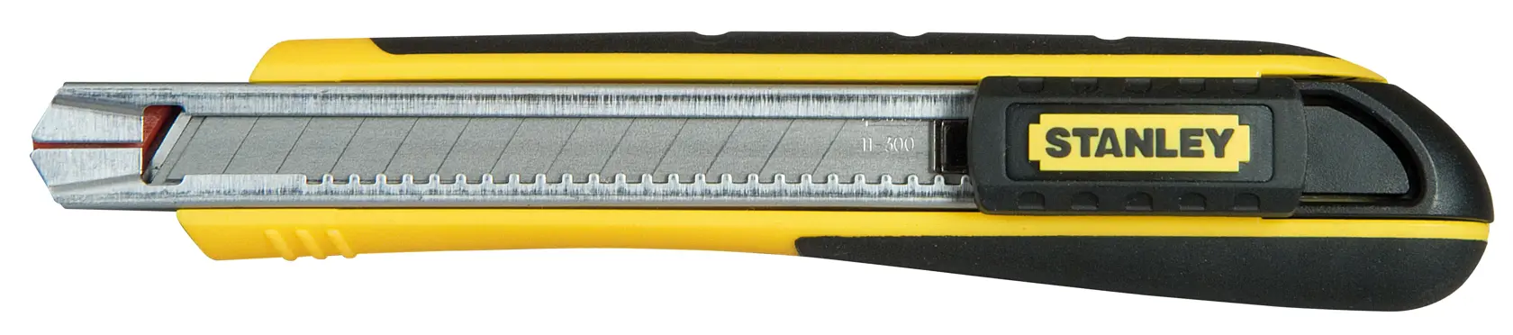 Photo of STANLEY 0-10-475 yellow and black utility knife, side view, showing retractable blade.