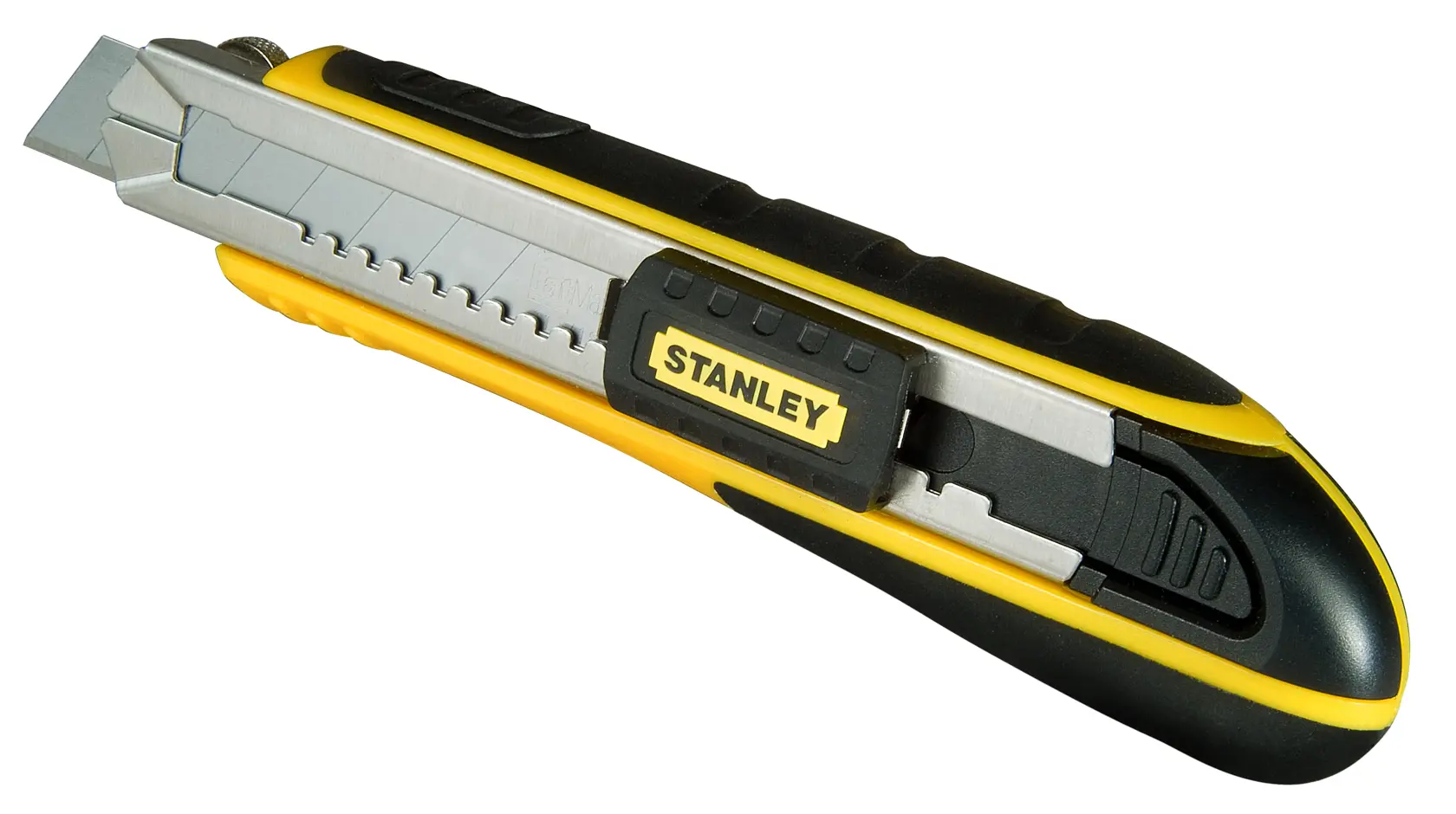 STANLEY 0-10-481 utility knife with black and yellow handle, side view on white background.