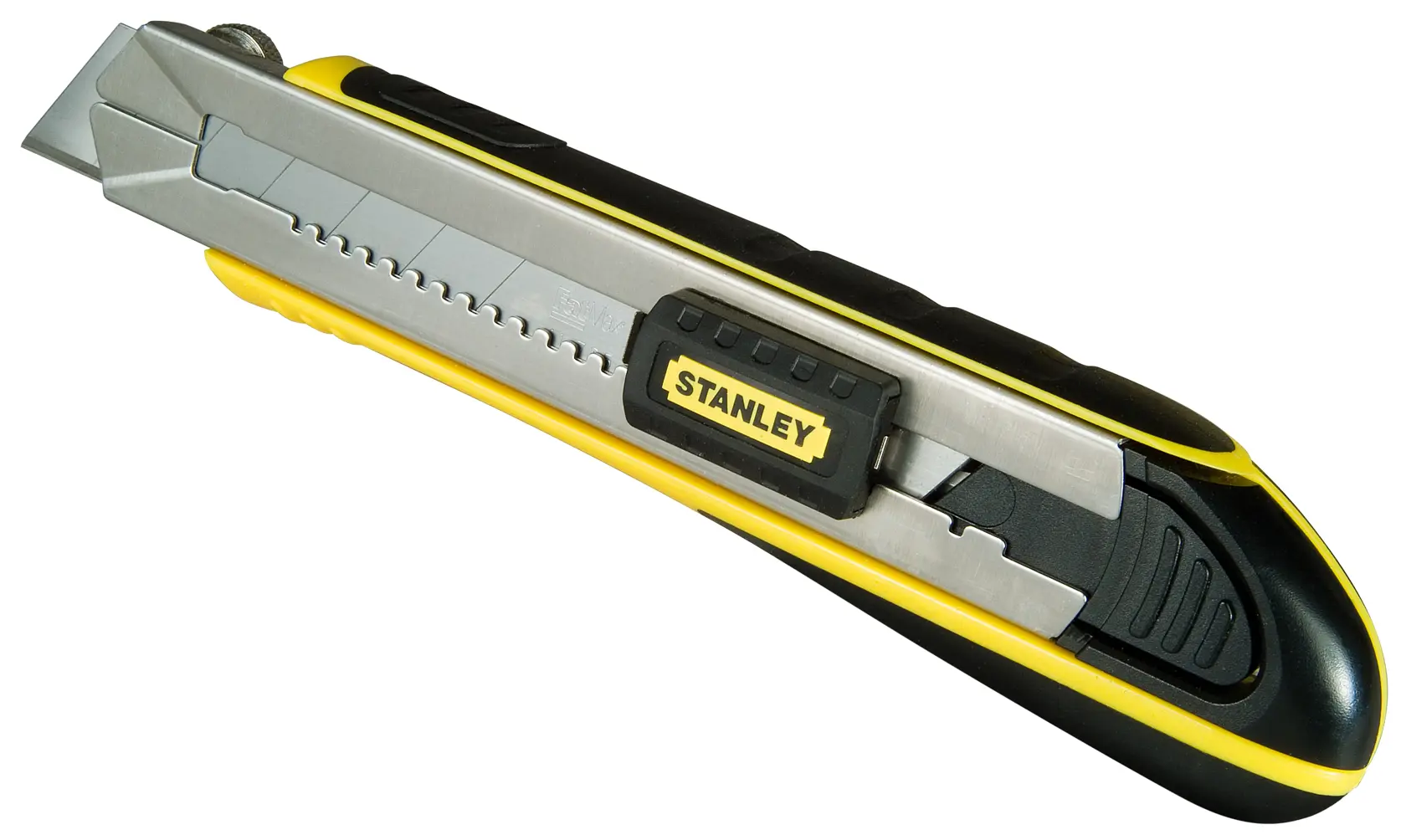 Photo of STANLEY 0-10-486 utility knife with retractable segmented blade, yellow and black handle, side angle.