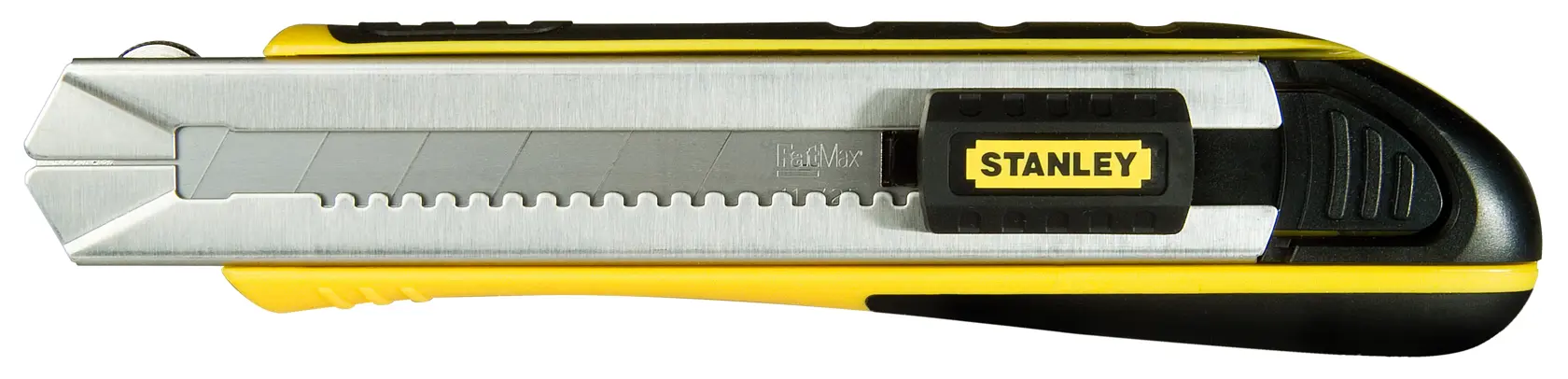Photo of STANLEY 0-10-486 utility knife, yellow and black, side view, with retractable segmented blade.