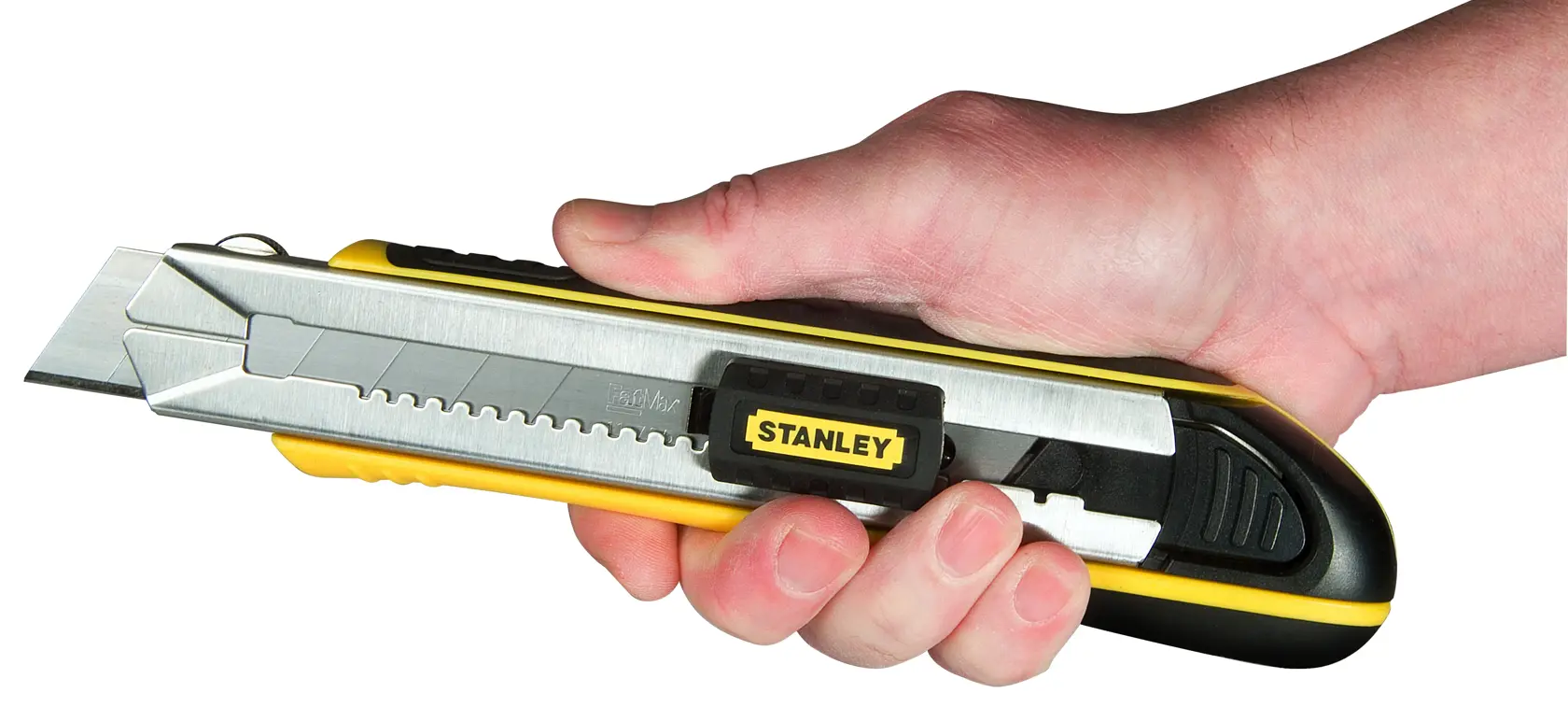 Photo of STANLEY 0-10-486 utility knife with yellow and black handle, held in a hand, side view.