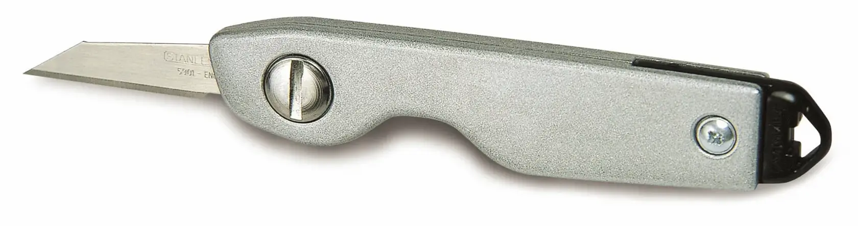 STANLEY 0-10-598 silver folding utility knife, side angle, shown on white background.