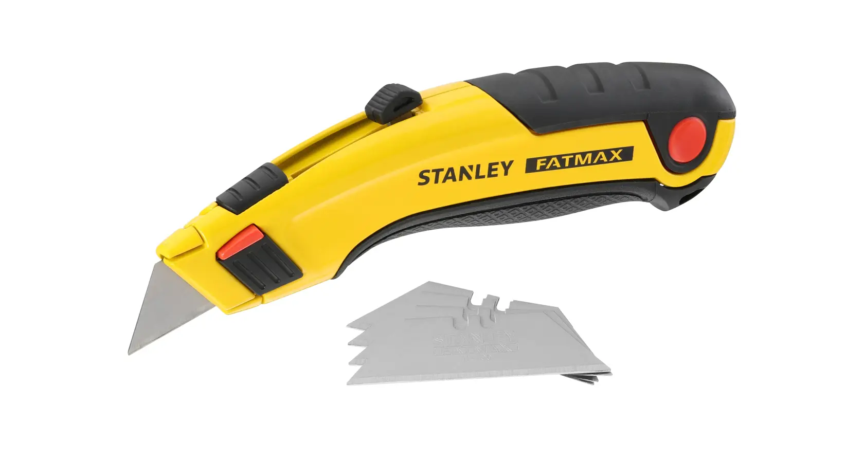 STANLEY 0-10-778 utility knife FatMax yellow and black handle, with spare blades, side angle, white background.