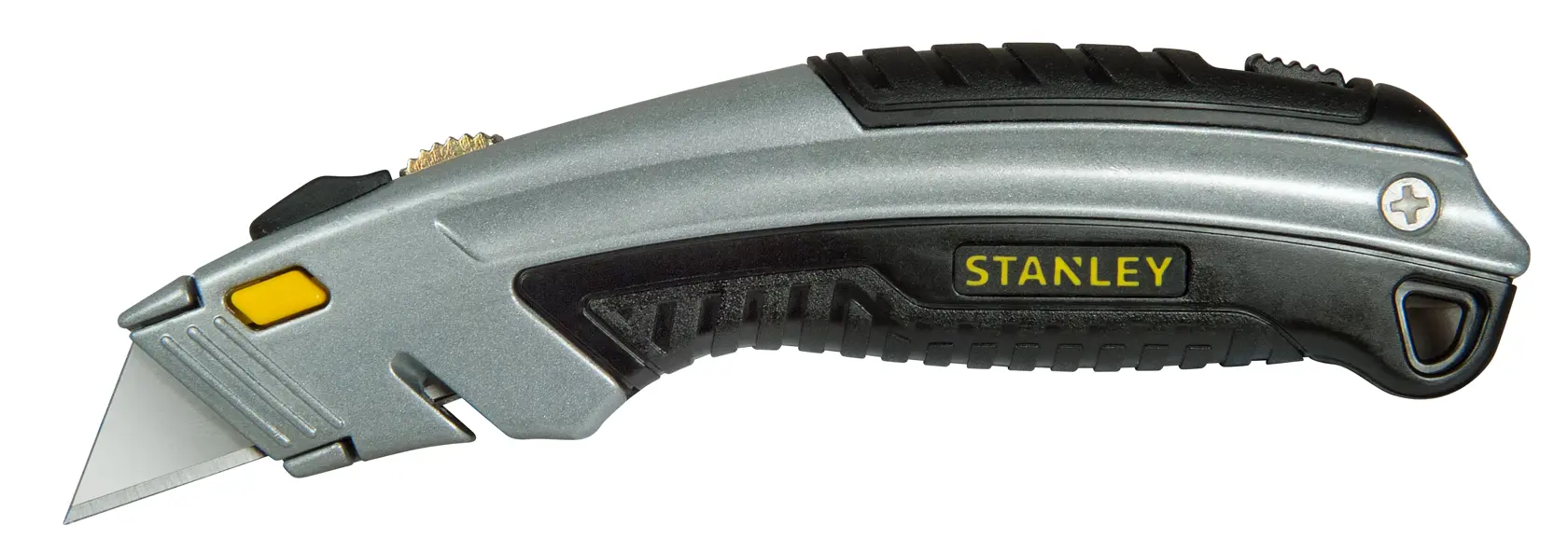 STANLEY 0-10-788 utility knife with ergonomic black and silver handle, left side view on white background.