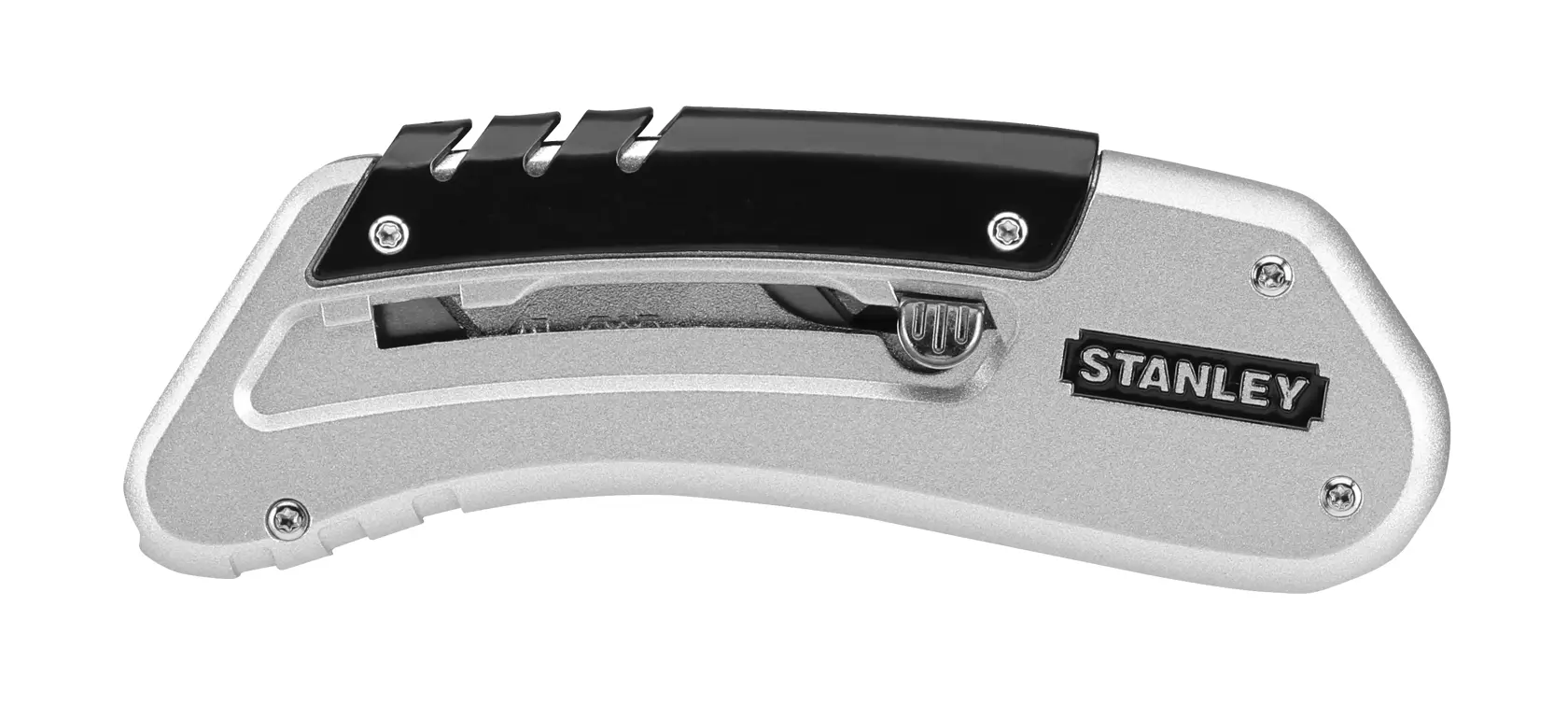 STANLEY 0-10-810 Universalmesser schneidet Karton, Nahaufnahme mit behandschuhter Hand, Produktfoto.