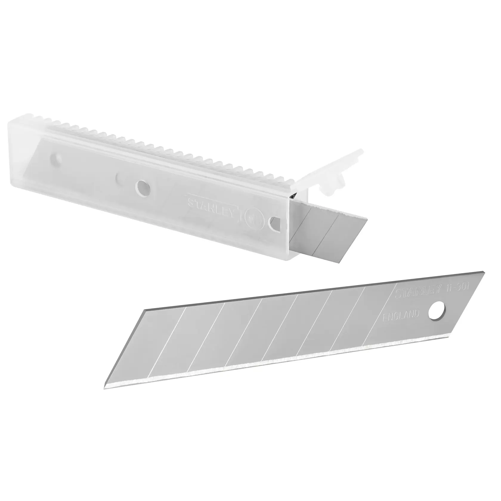 STANLEY 0-11-301 snap-off utility blades with segmented edges in clear case, product photography, front angle.