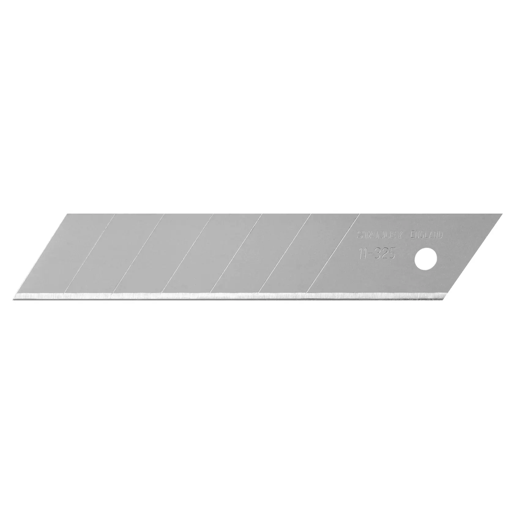 STANLEY 0-11-325 silver snap-off utility knife blade, segmented design, straight-on view, photography product.