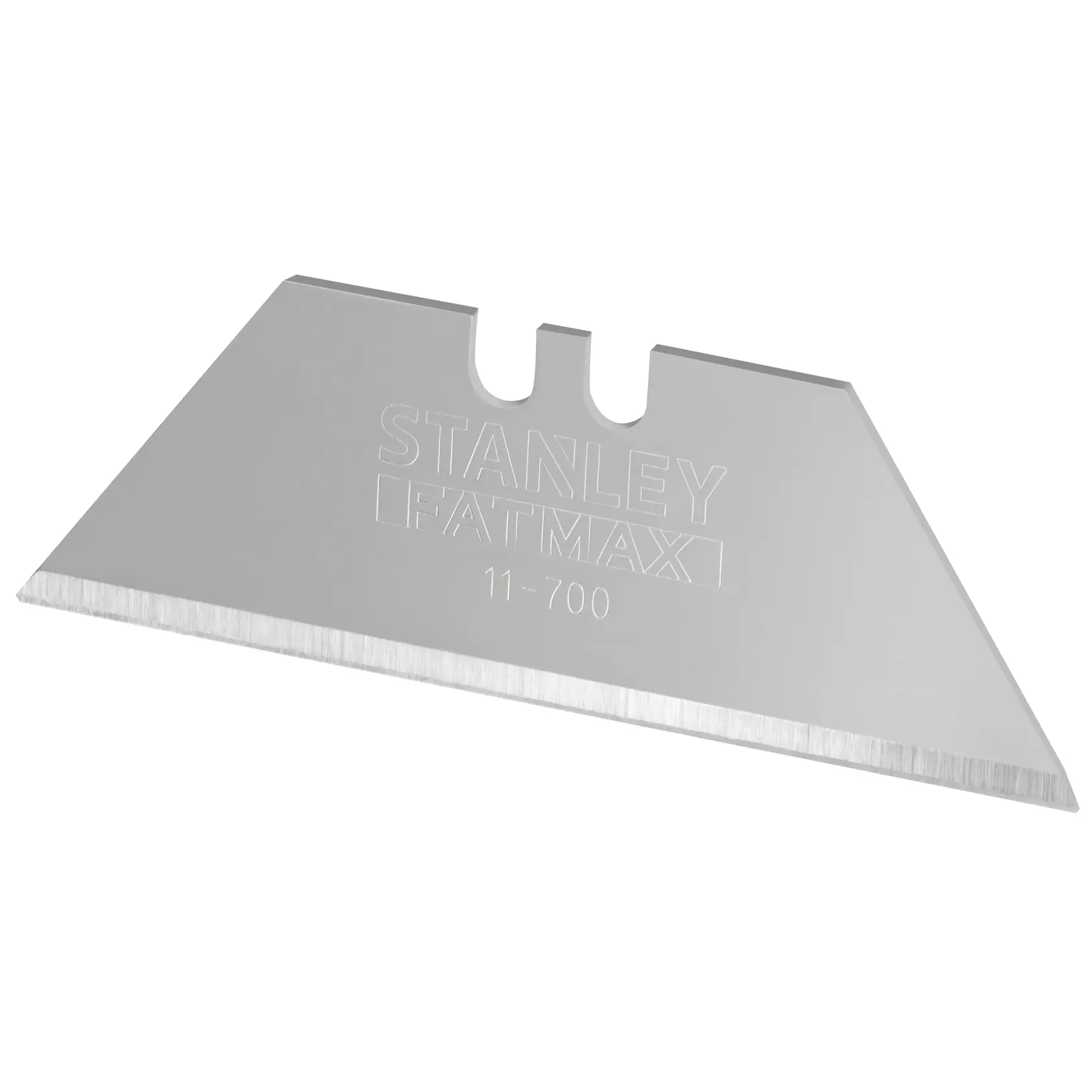 STANLEY 0-11-700 utility knife blade, silver, close-up on white background.