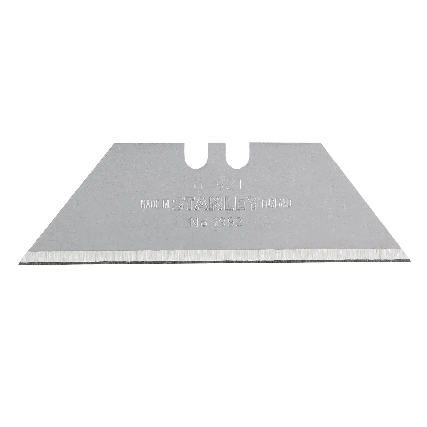 STANLEY SKU 0-11-921 Ersatzklingen für Cuttermesser, silber, gerade Schneide, Vorderansicht, Produktfotografie.