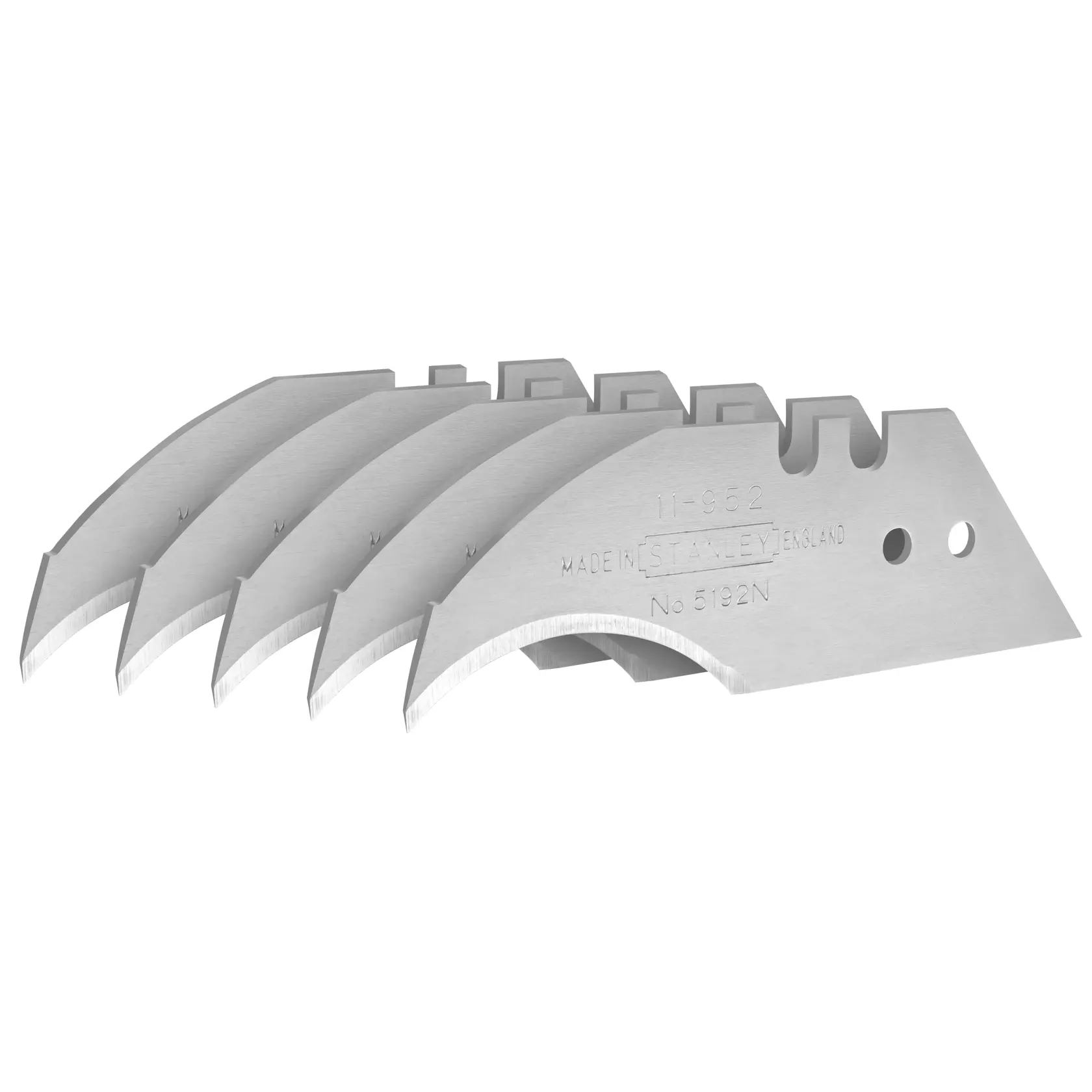 STANLEY 0-11-952 curved utility knife blades, set of five, silver, angled view, on white background.