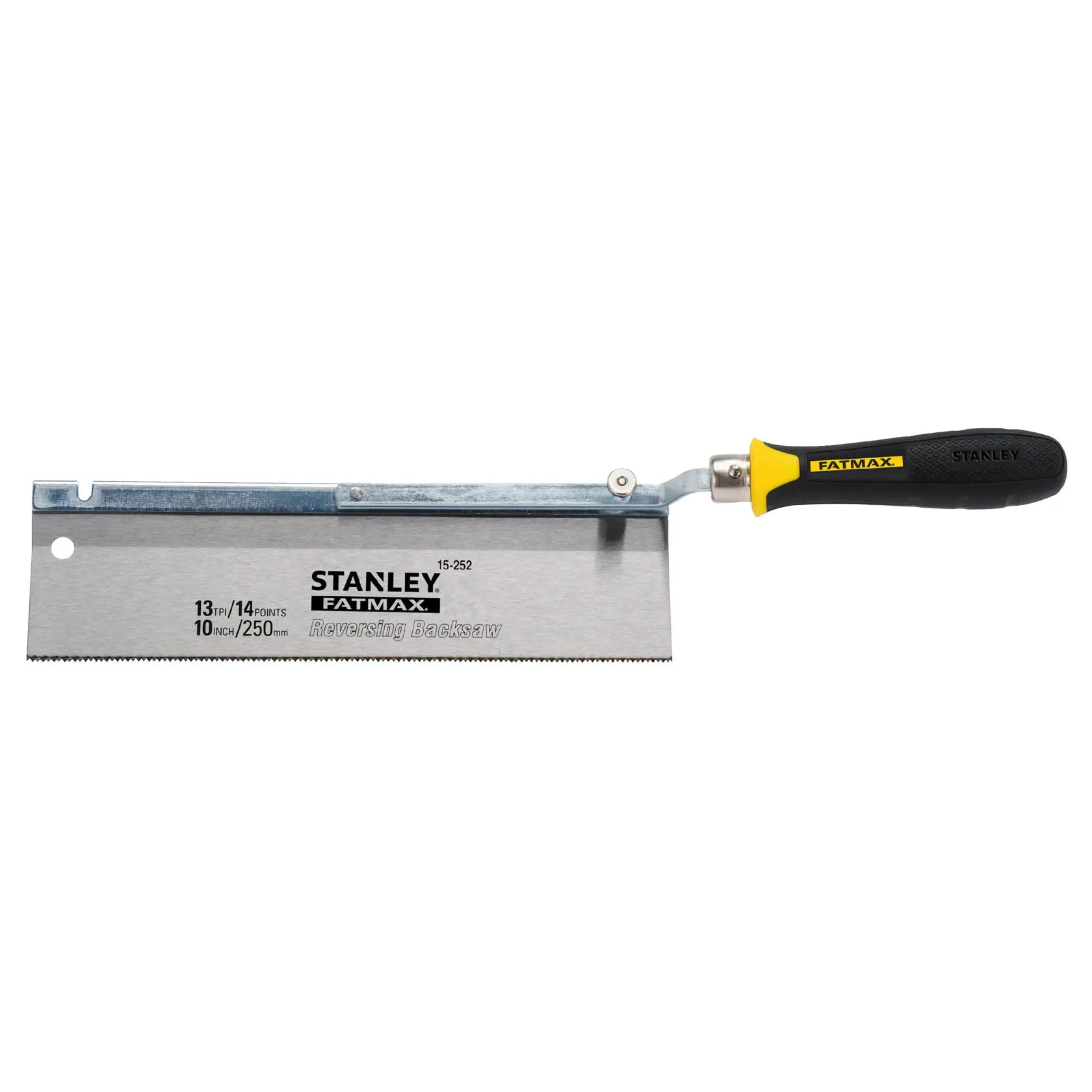 Stanley FatMax reversing backsaw with black and yellow handle and 250mm serrated blade.