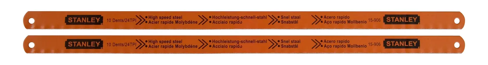 STANLEY 0-15-906 hacksaw blades, orange high speed steel, dual pack, product photography, flat angle.