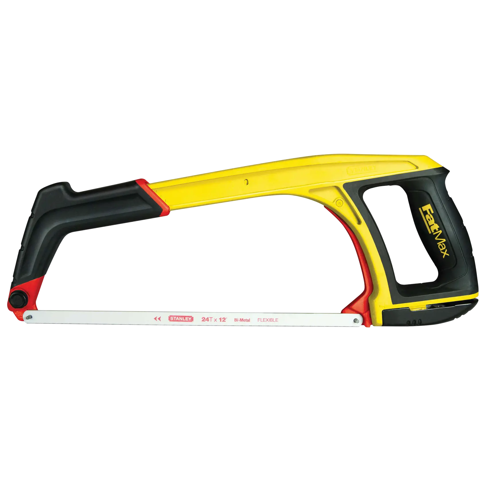 Stanley yellow and black hacksaw with ergonomic handle, white background, side profile angle