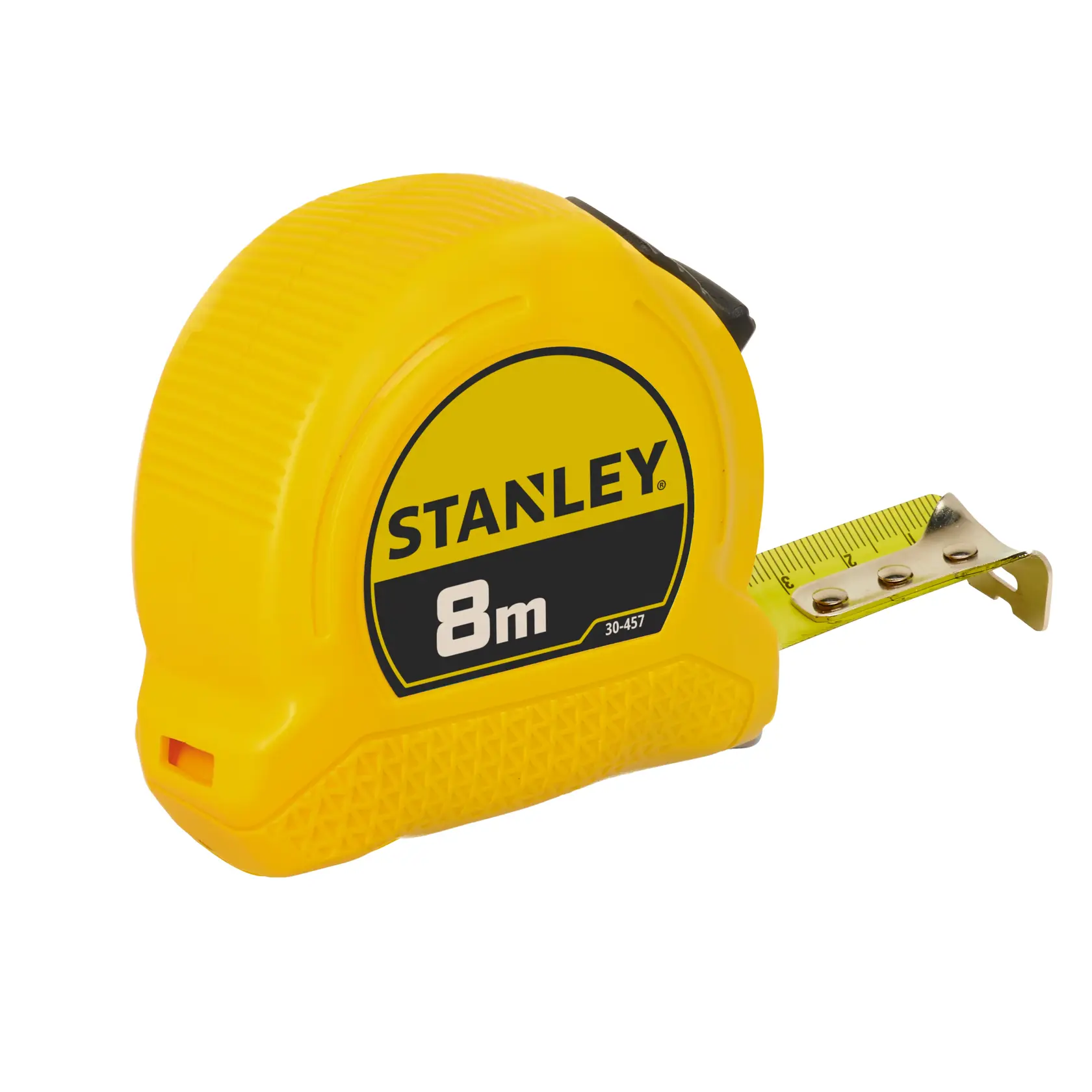 Stanley 8m yellow tape measure with metal hook, used for measuring length in construction or DIY projects.