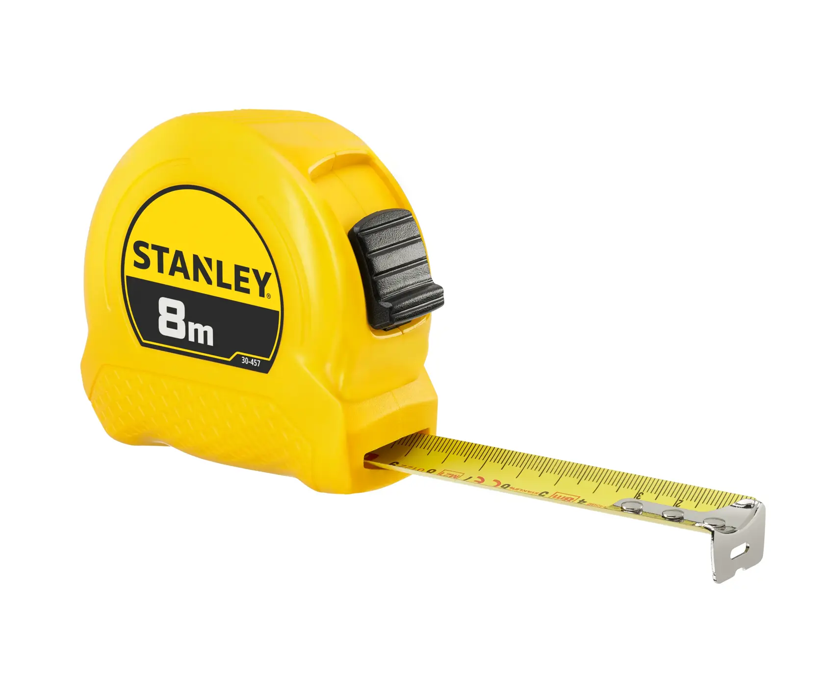 STANLEY 0-30-457 yellow 8m tape measure, angled view on white background.