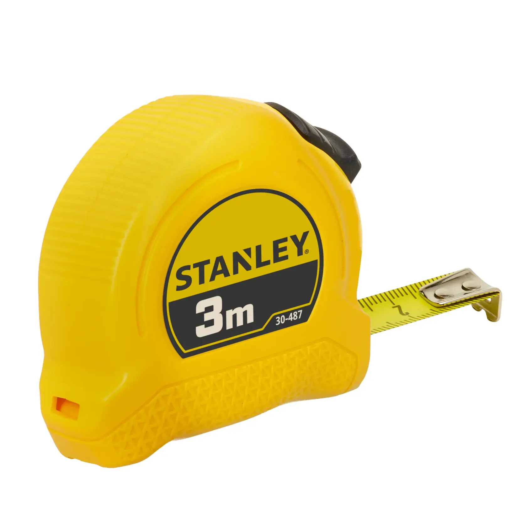 Yellow Stanley 3m tape measure with metal tip, partially extended. Model number 0-30-487 is visible.