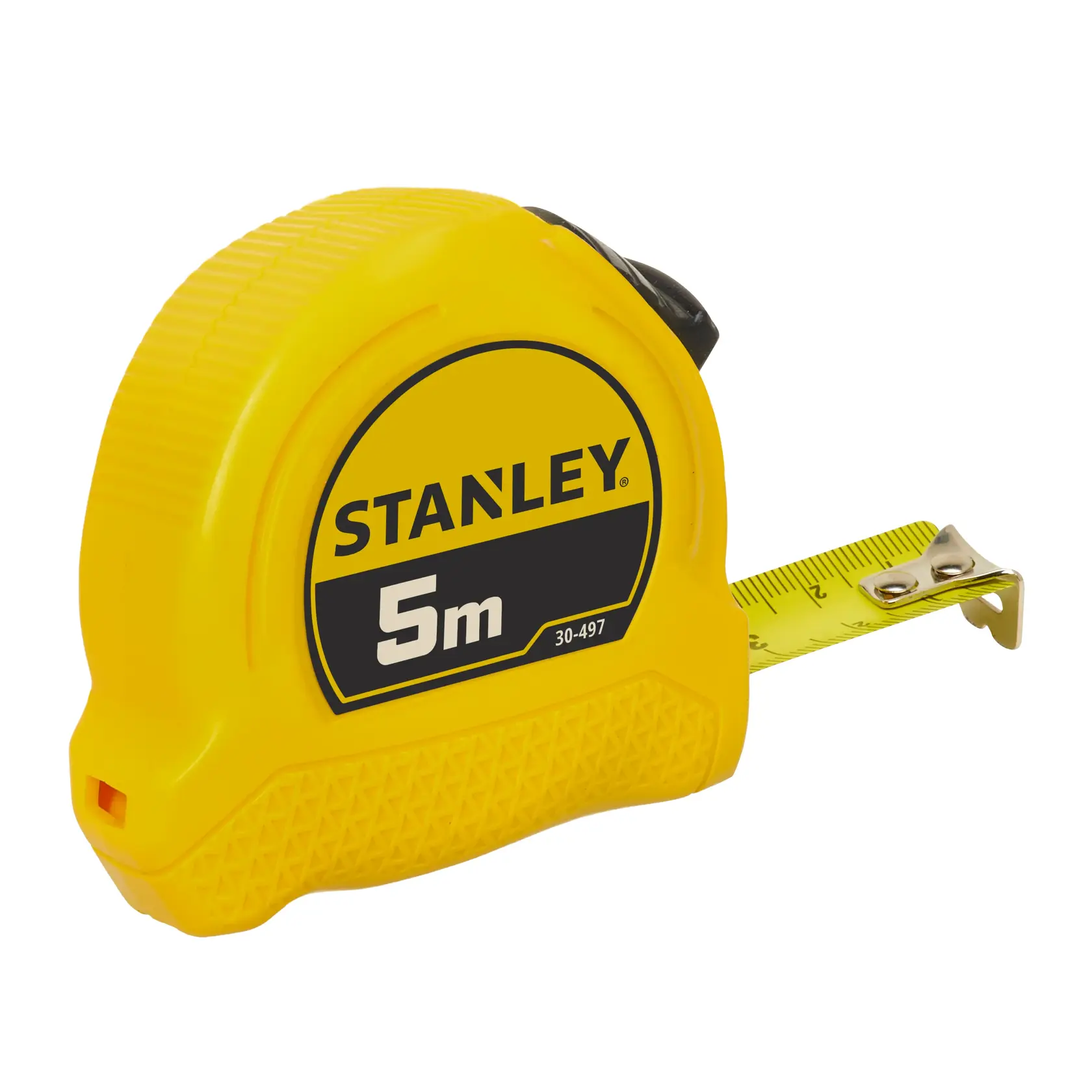 Yellow Stanley 5m tape measure with black detail and partially extended measuring tape.