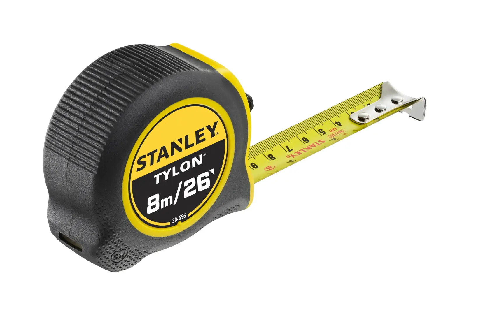 Photo of STANLEY 0-30-656 measuring tape, yellow and black, with 8m/26ft marking, angled on white background.