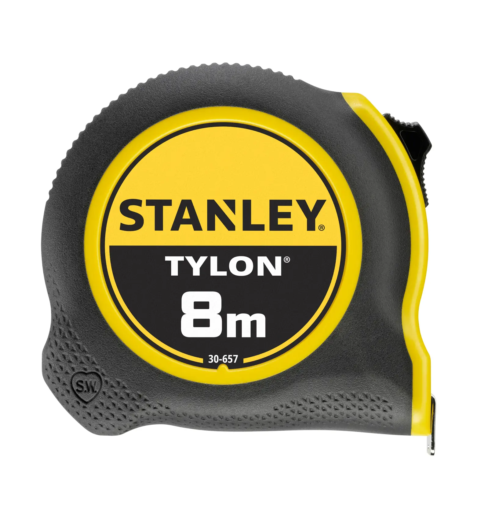 STANLEY 0-30-657 tape measure, 8m, black and yellow, front angle on white background.