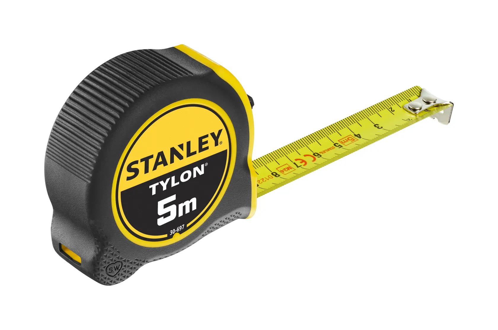 STANLEY 0-30-697 tape measure, Tylon 5m, black and yellow, side angle, extended blade.