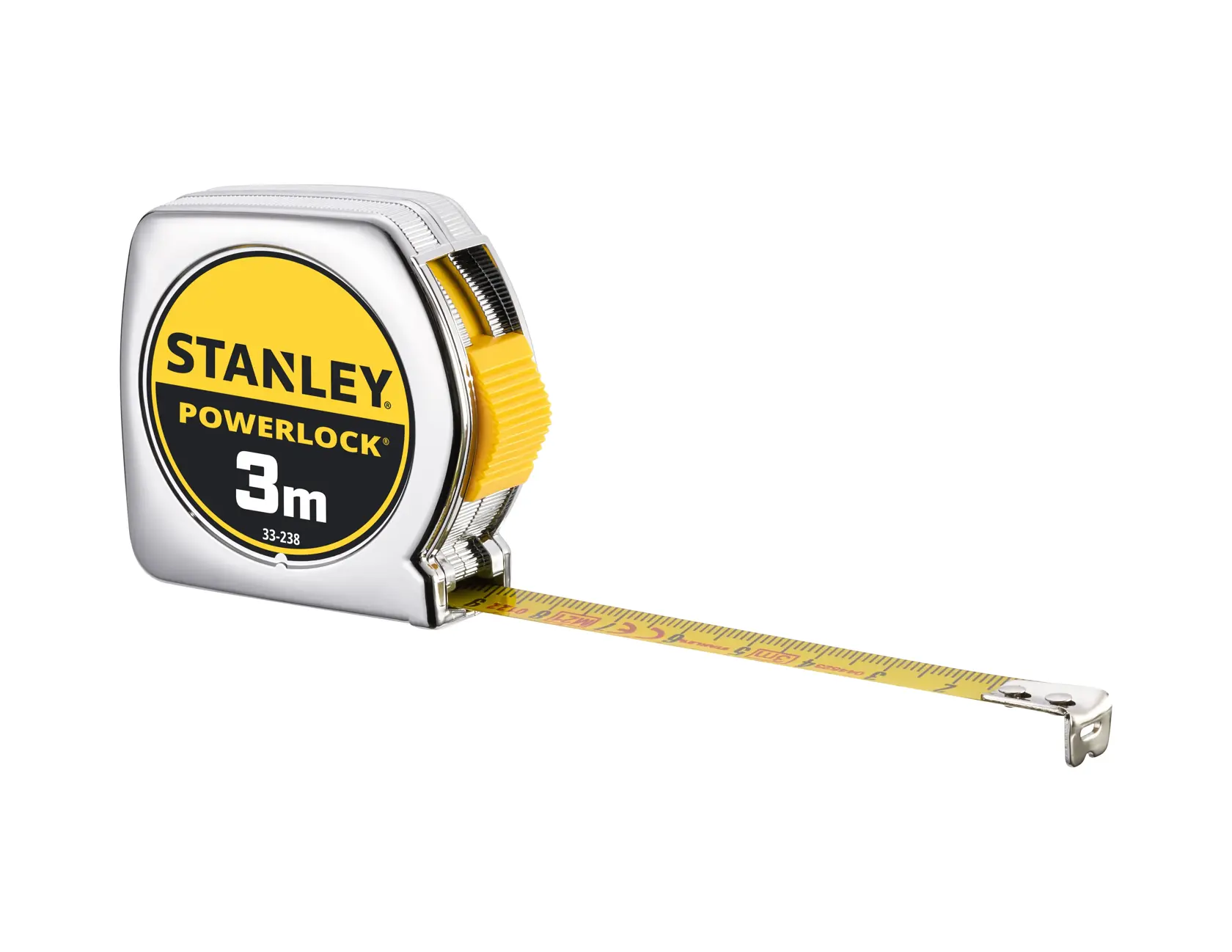 STANLEY 0-33-238 tape measure, yellow and chrome, 3m length, PowerLock series, front angle on white background.