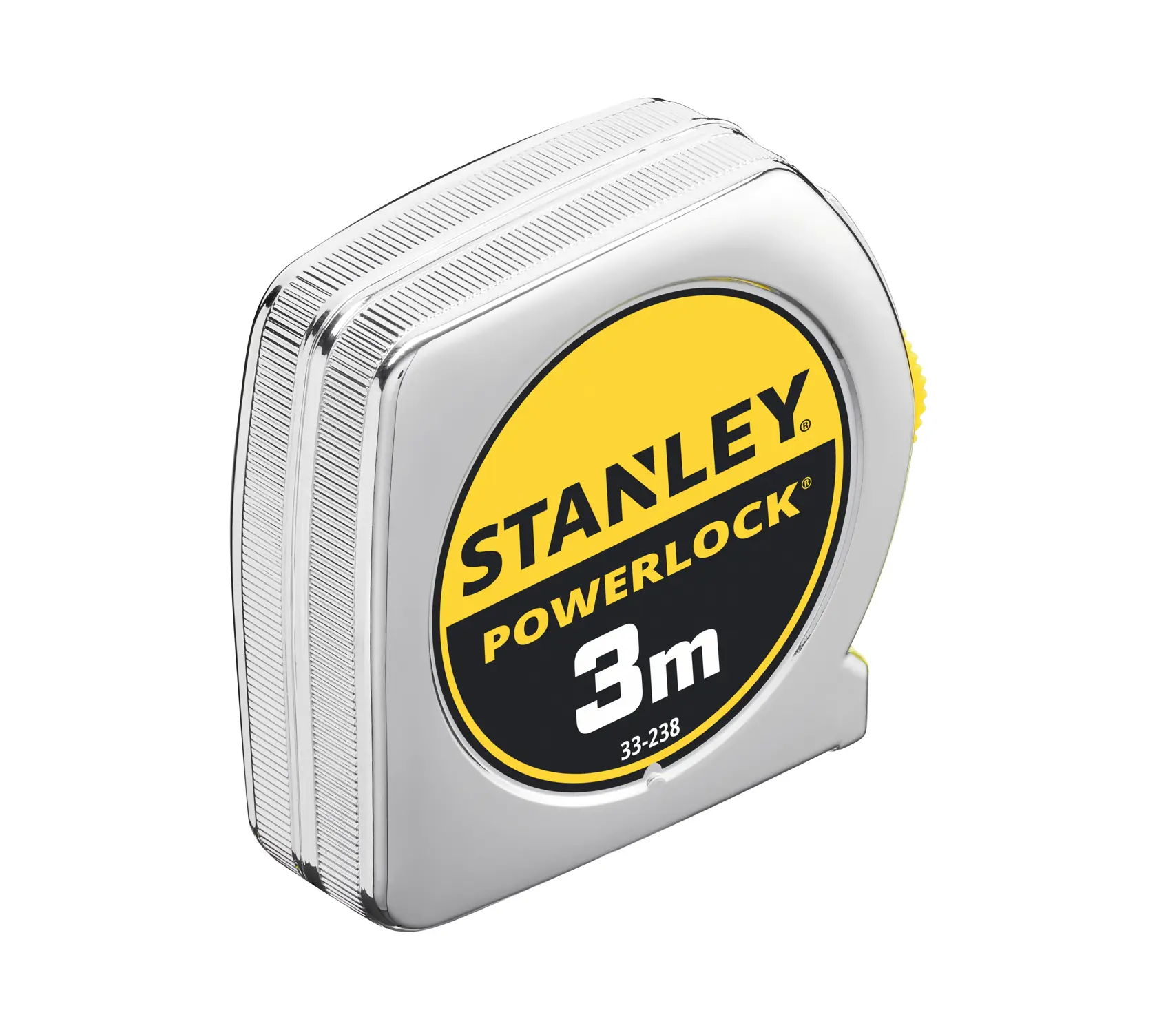 STANLEY 0-33-238 tape measure, Powerlock, 3m, silver and yellow, product angle on white background.