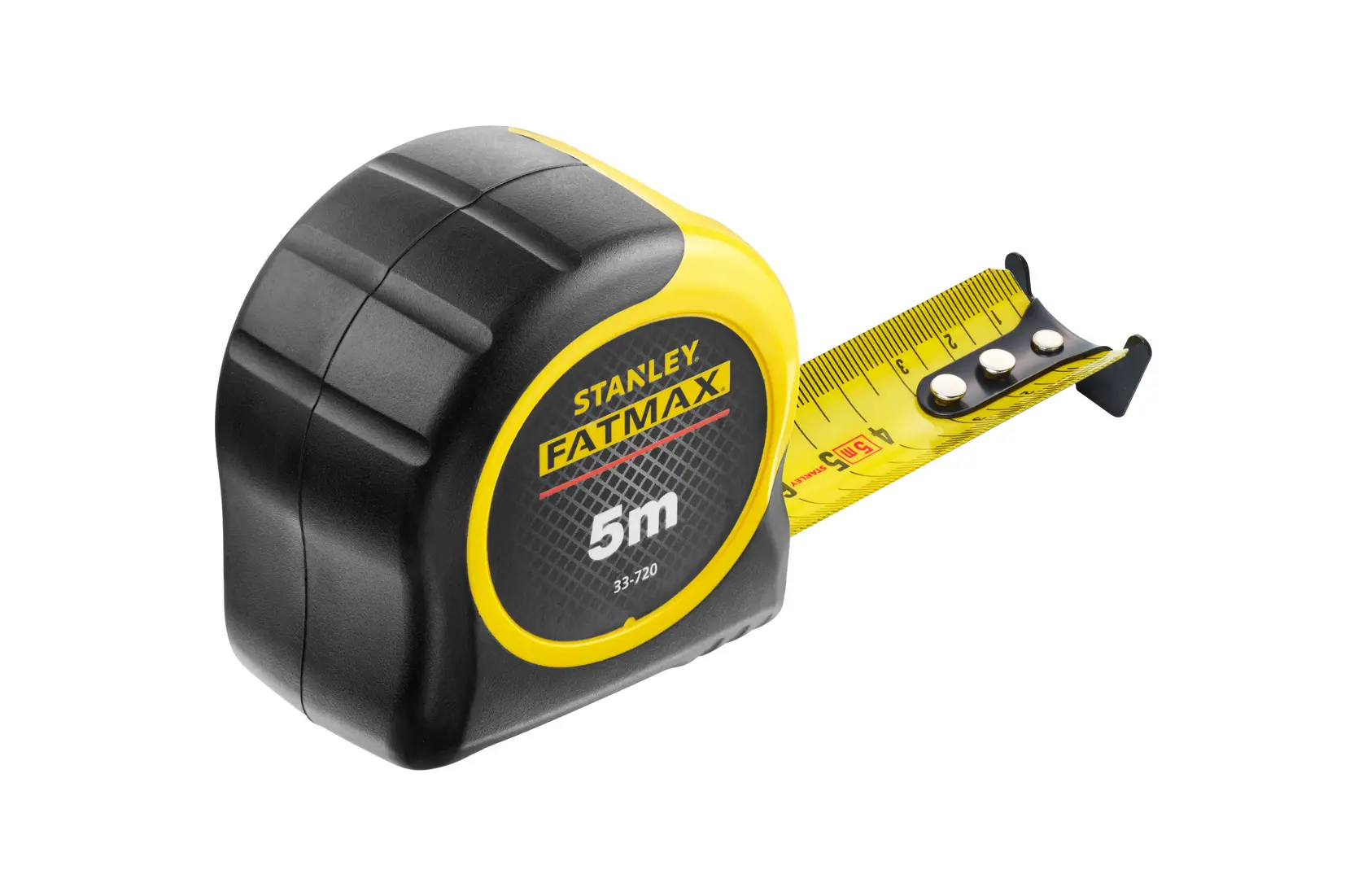 STANLEY 0-33-720 tape measure, black and yellow plastic casing, extended yellow blade, front angle on white.