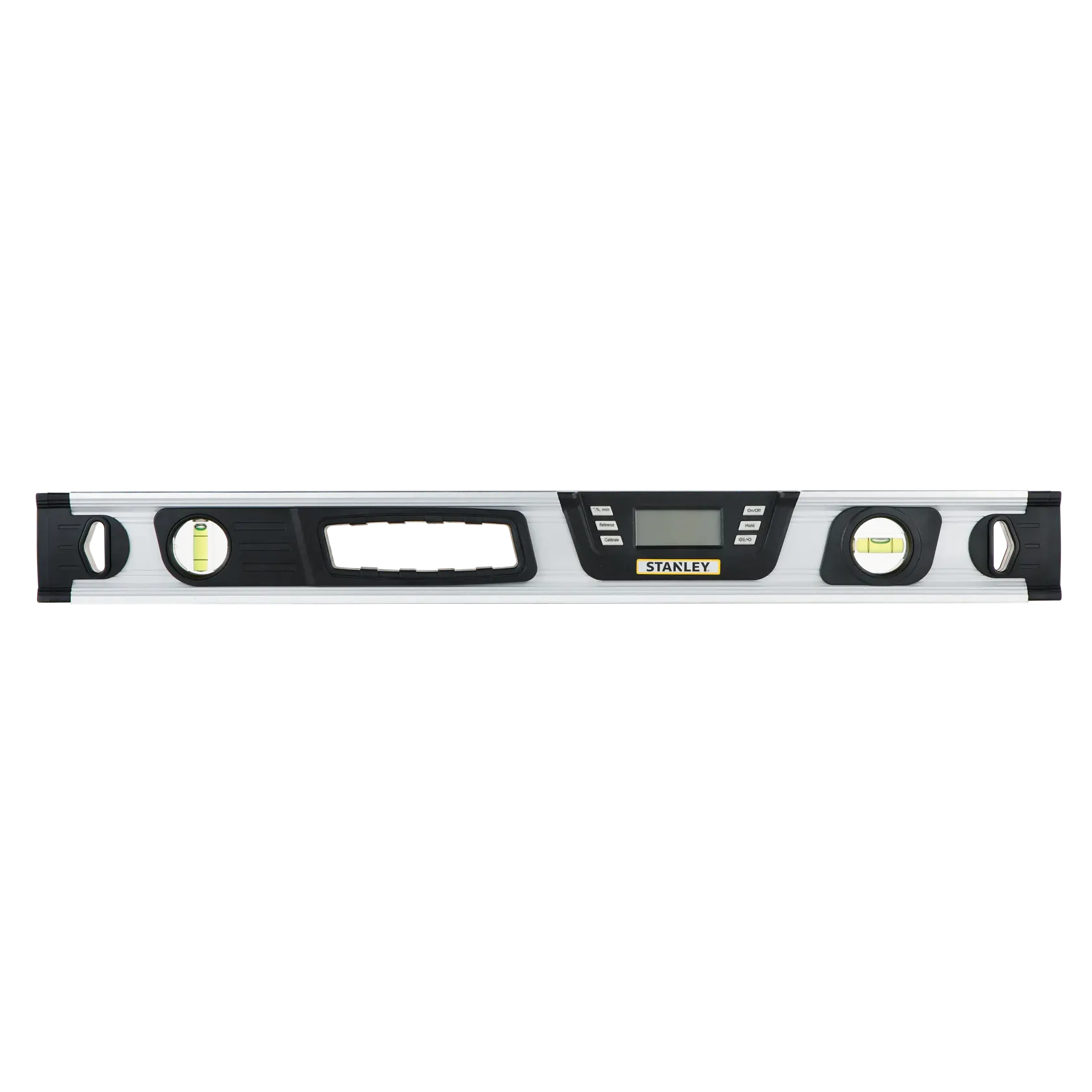 STANLEY 0-42-065 digital spirit level with LCD display, silver and black, front angle on white background.