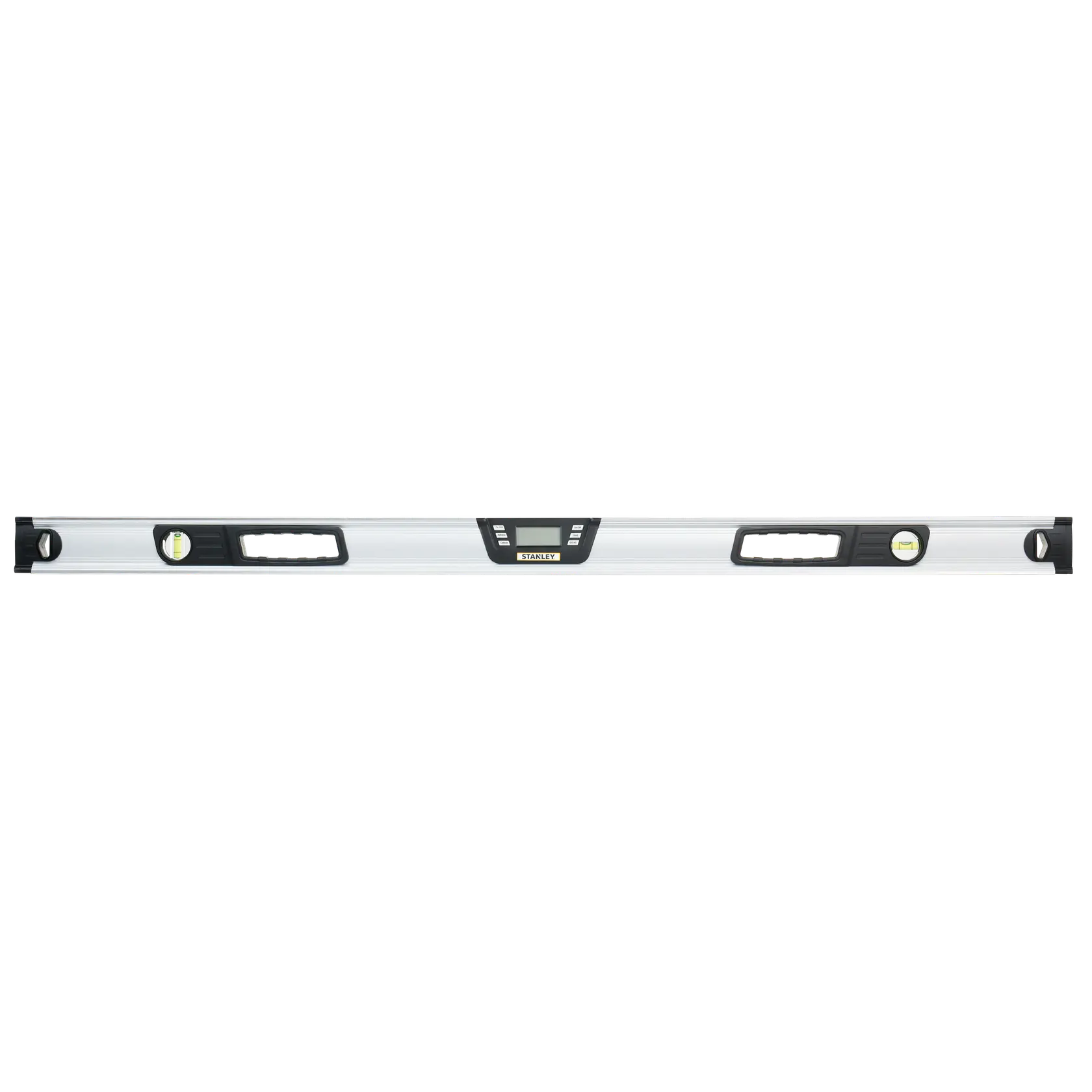 STANLEY 0-42-086 digital spirit level, silver with black handles, frontal view on white.