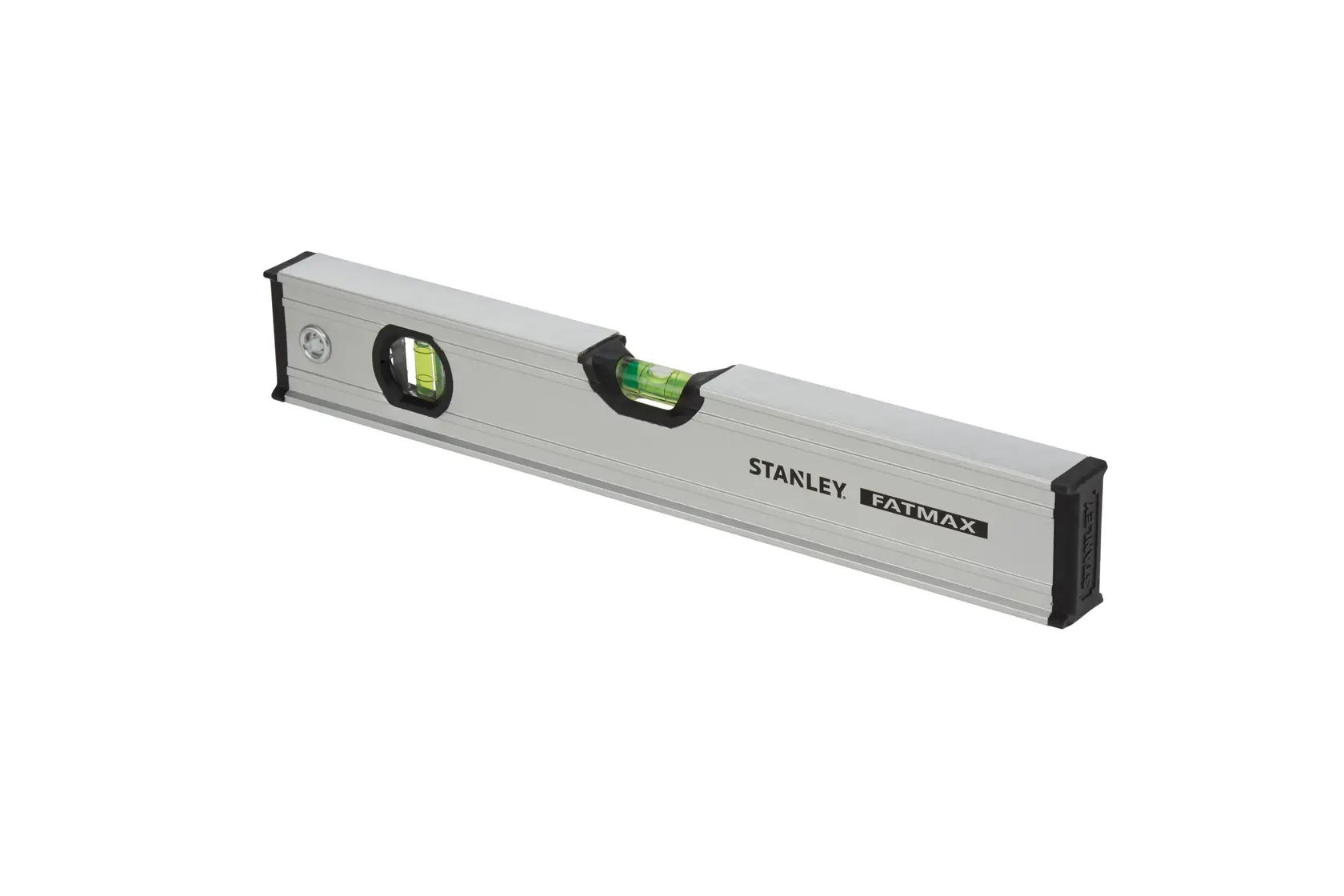Stanley FatMax spirit level with two bubble vials in a silver and black body, used for leveling surfaces.