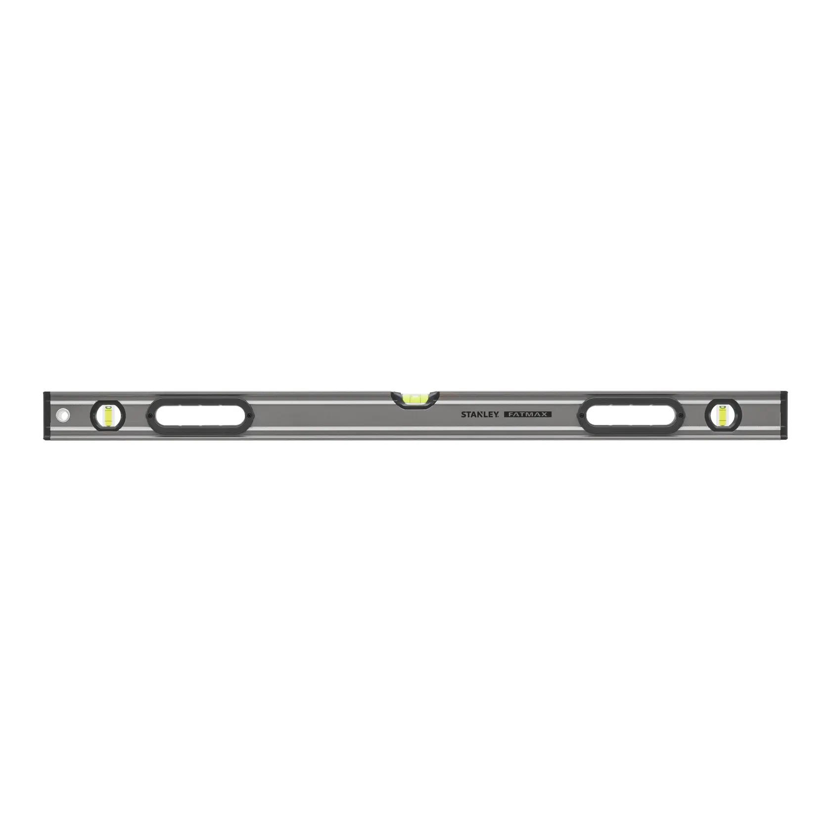 STANLEY 0-43-636 spirit level, silver body with black ends, horizontal front view, three vials, FatMax branding.