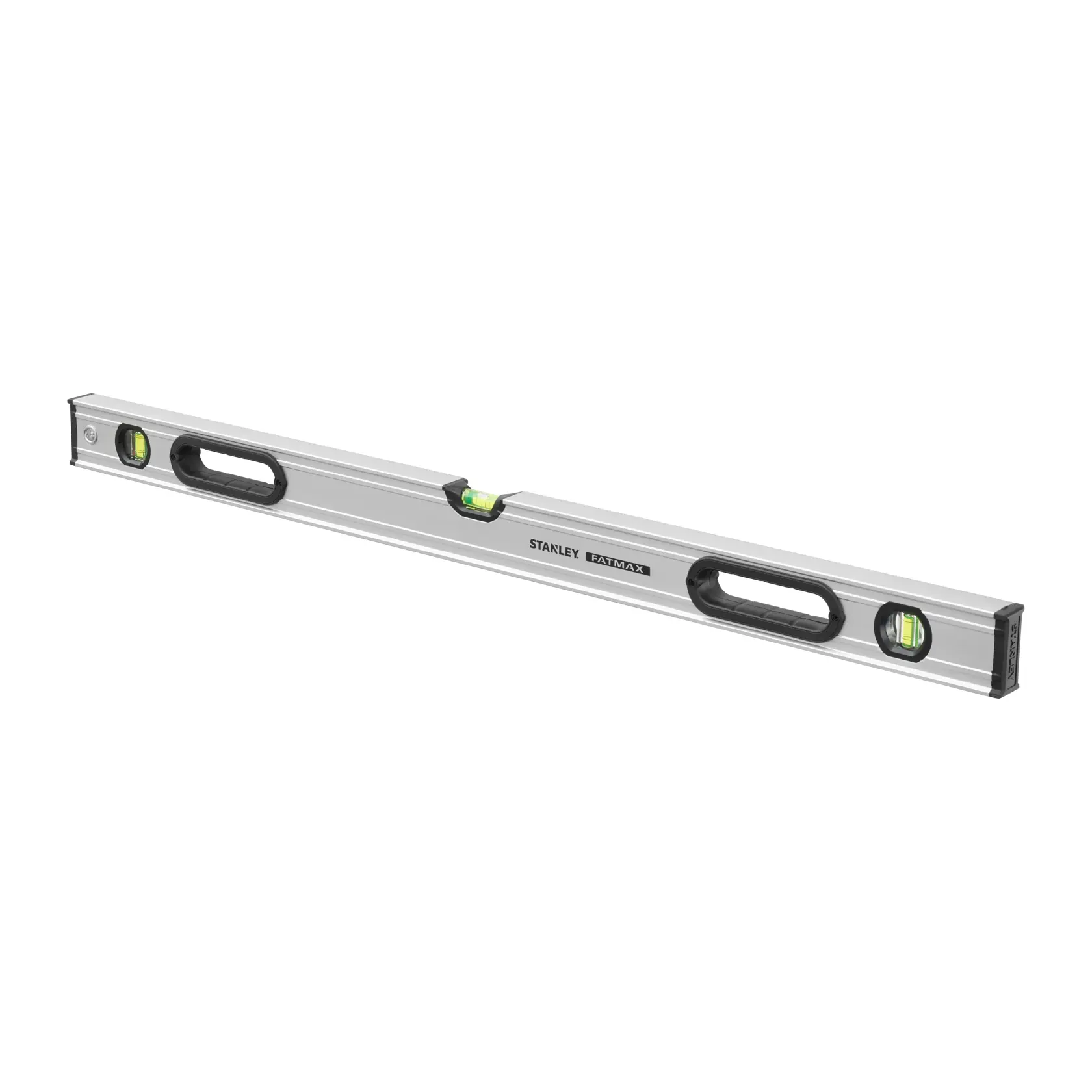 STANLEY 0-43-637 spirit level, silver with three green vials and two black handles, angled view on white background.