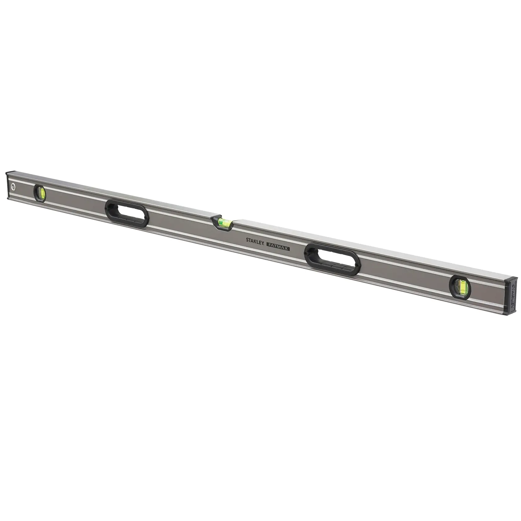 STANLEY 0-43-648 aluminum spirit level with three vials, top view, on white background.
