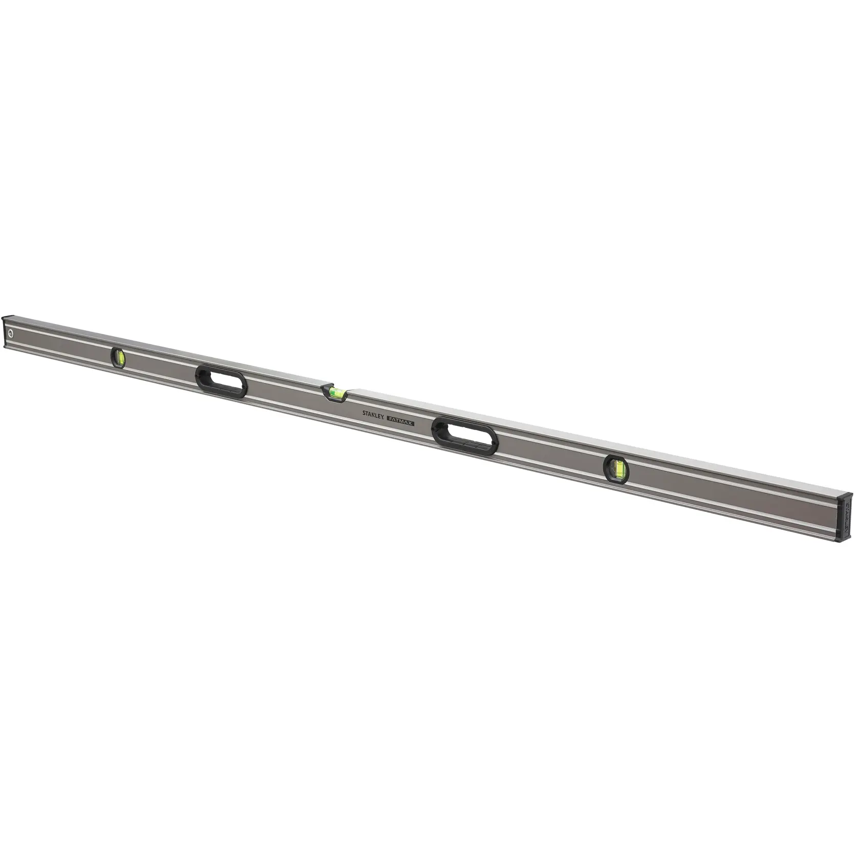 STANLEY 0-43-672 aluminum spirit level, side angle, three vials, black grips, white background.