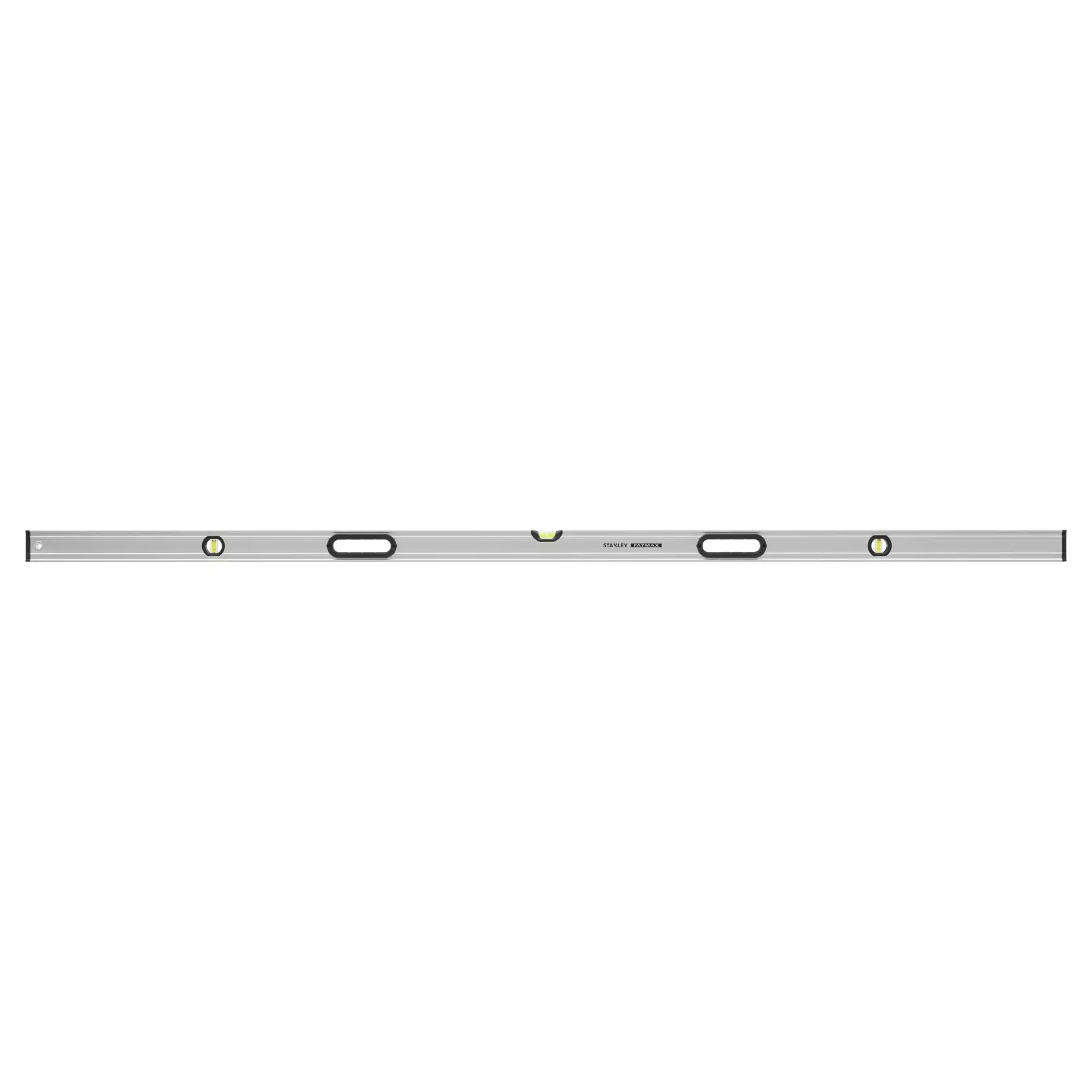 STANLEY 0-43-679 box level with aluminum body, three bubble vials, black hand grips, front view, white background.