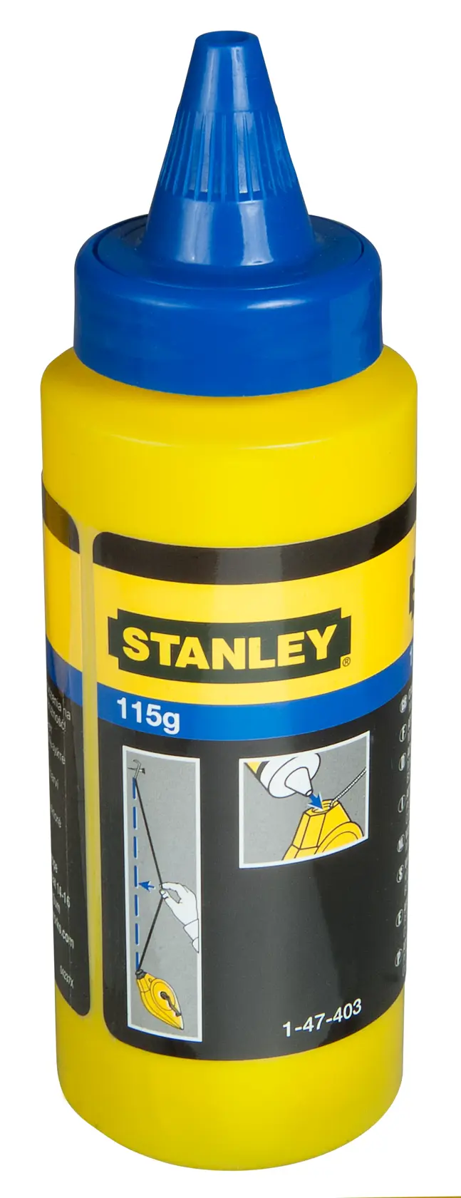STANLEY 0-47-440 Flasche mit Kreidepulver, gelber und blauer Kunststoff, Vorderansicht auf weißem Hintergrund.