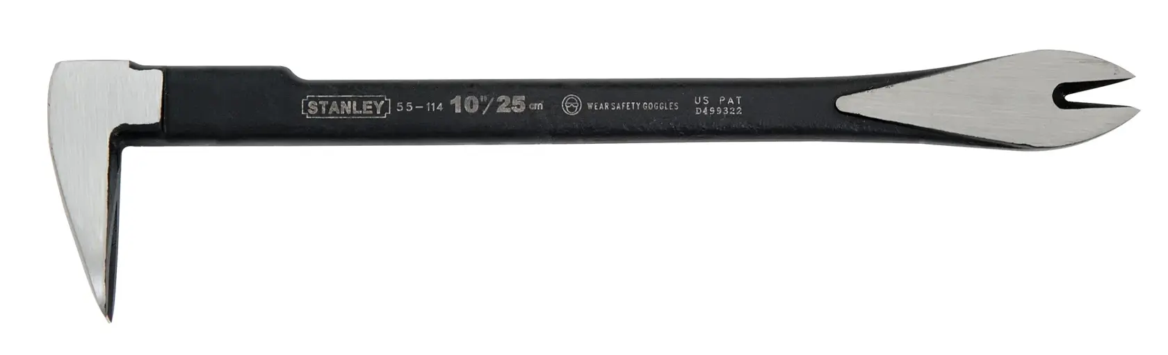 STANLEY 0-55-114 steel flat pry bar tool, black and silver, side angle on white background.