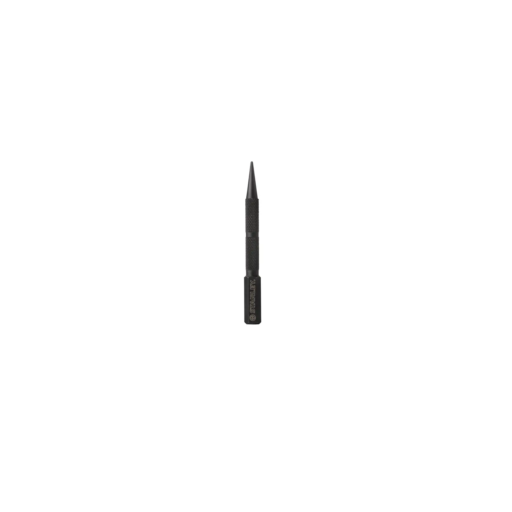 STANLEY 0-58-111 black steel center punch tool, straight view on white background.